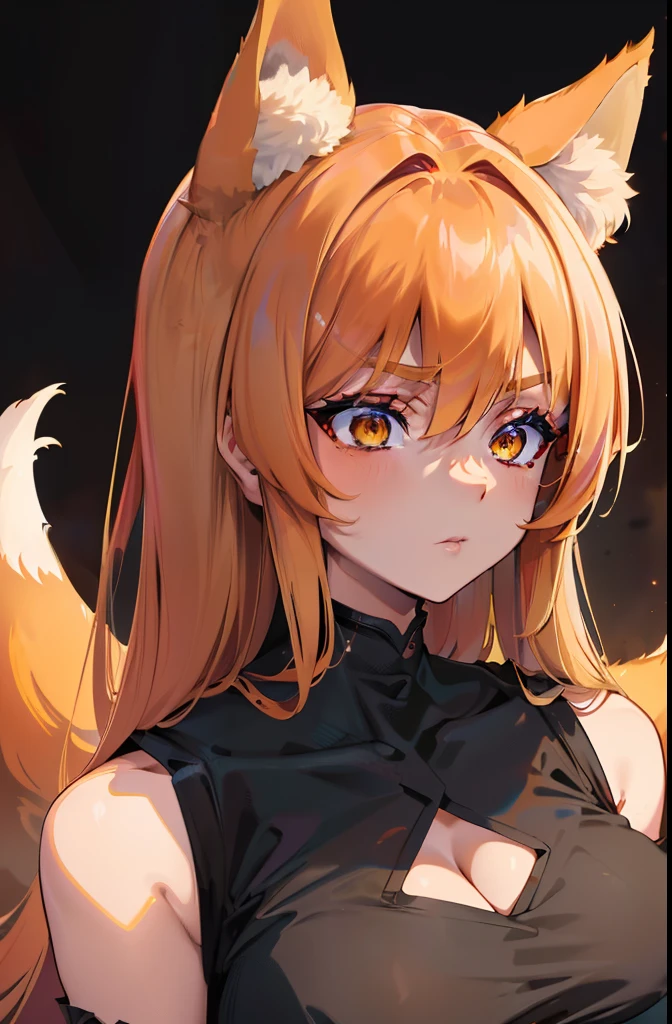 Volumetric Lighting, Best Shadows, Portrait Of Stunningly Beautiful Girl, Petite, Delicate Beautiful Attractive Face With Alluring Yellow Eyes, Huge breasts, Short orange hair, Slim Waist, Standing, (Highest Quality, Amazing Details:1.25), Brilliant Colorful Paintings, anime character dressed a dress with a fox tail, fox, kitsune, a beautiful fox lady, a beautiful kitsune woman, goth makeup, goth clothes, goth, full body, portrait