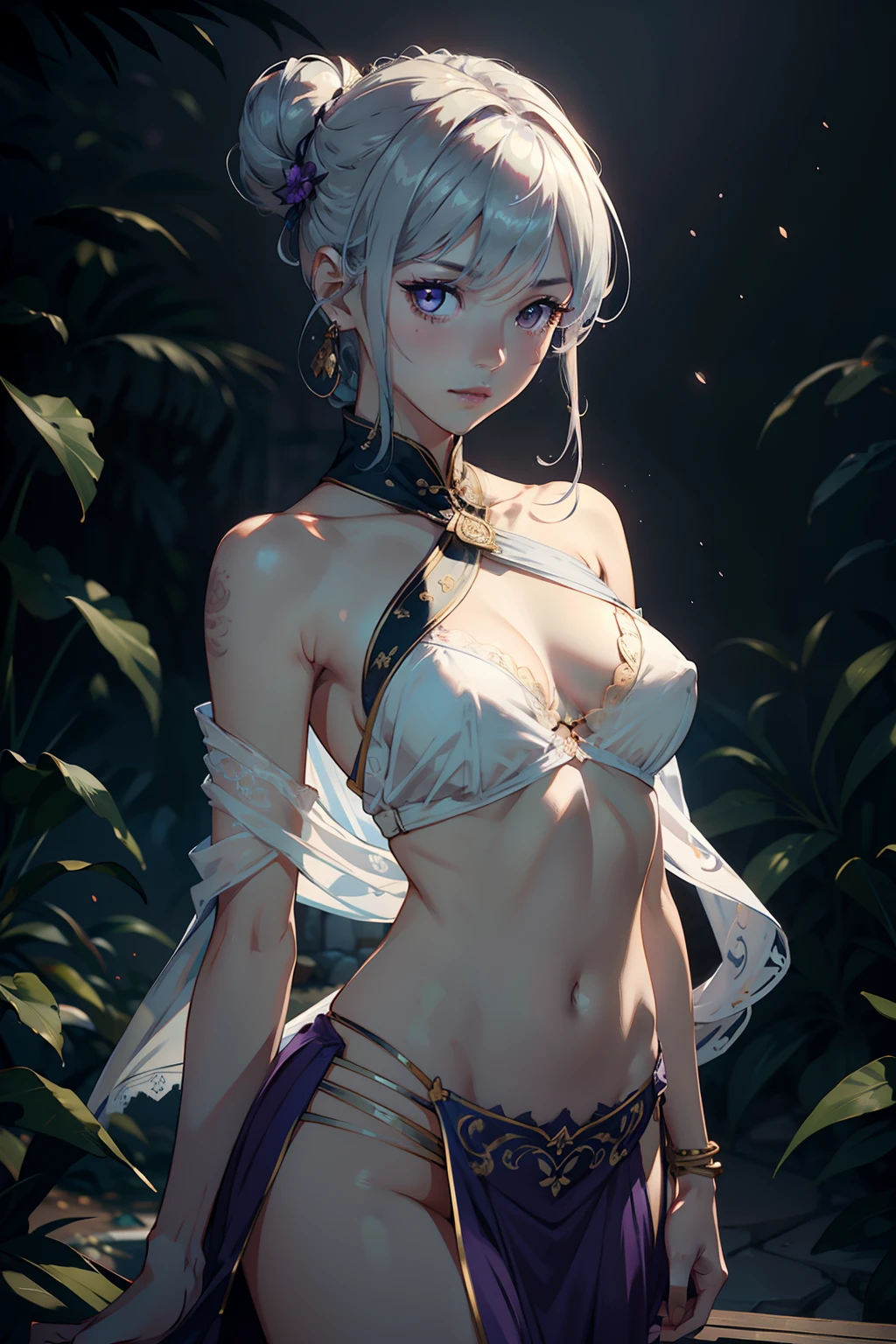 standing nipples under cloth, Bust photo, a beautiful woman, messy hair, girly, symmetrical bun, hair accessories, jewelry, delicate face, eye shadow, purple top, purple, purple, crop navel, purple long skirt, Dunhuang style, delicate embroidery, silver decoration, silver streamer, white streamer, light blue streamer, delicate skin, soft light effect, delicate and smooth hair, delicate details, eye highlights, fair skin, fine portrayal, extreme details, cinematic quality, thin, slender, broken, hair details, thin bangs, shawl hair, right body, shadow, air bangs, 8K, super fine, fine fabric texture, soft, smooth, smooth texture, Dunhuang style, delicate pattern, correct hand painting, anatomy correct, accurate, night, dark night, lighting, Tyndall effect, ray tracing