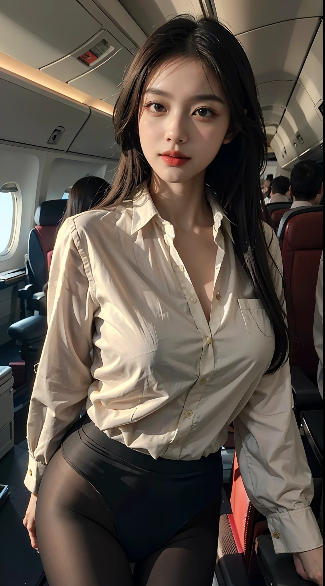 top-quality, masterpiece, 8K, 超A high resolution, (Photorealsitic:1.4), Highly detailed and intricate details, Delicate and beautiful, good lighting, profetional lighting, foco nítido, detailed shadow, Exquisite details and textures, depth of fields, Unity 8k壁纸, Film composition, 电影灯光, Official Art,stewardess,huge tit, Cabin Crew, Black pantyhose, (aircraft, (Aircraft corridors), Aircraft Seats) Beautiful elegant face, A detailed face, A detailed eye、Realistic hair、length hair、(1girl in)、(is standing:1.3)、