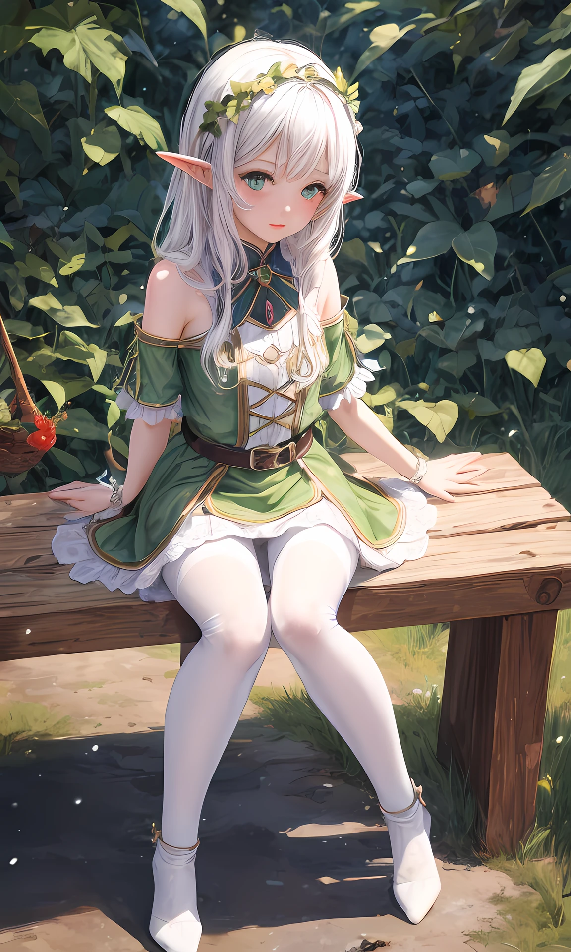 Girl sitting on a bench, nahida, pixie, elf ears, Beautiful ears, green colored eyes, People's casual clothes, pantyhouse, white pantyhose, Winter time, snowing, little chest, You can see the underpants, Upskirt, blackskirt, Elf Girl, 8k Graphics High-quality detailed graphics, ((Masterpiece)), Top Quality, accuracy, ((((super detaill))))