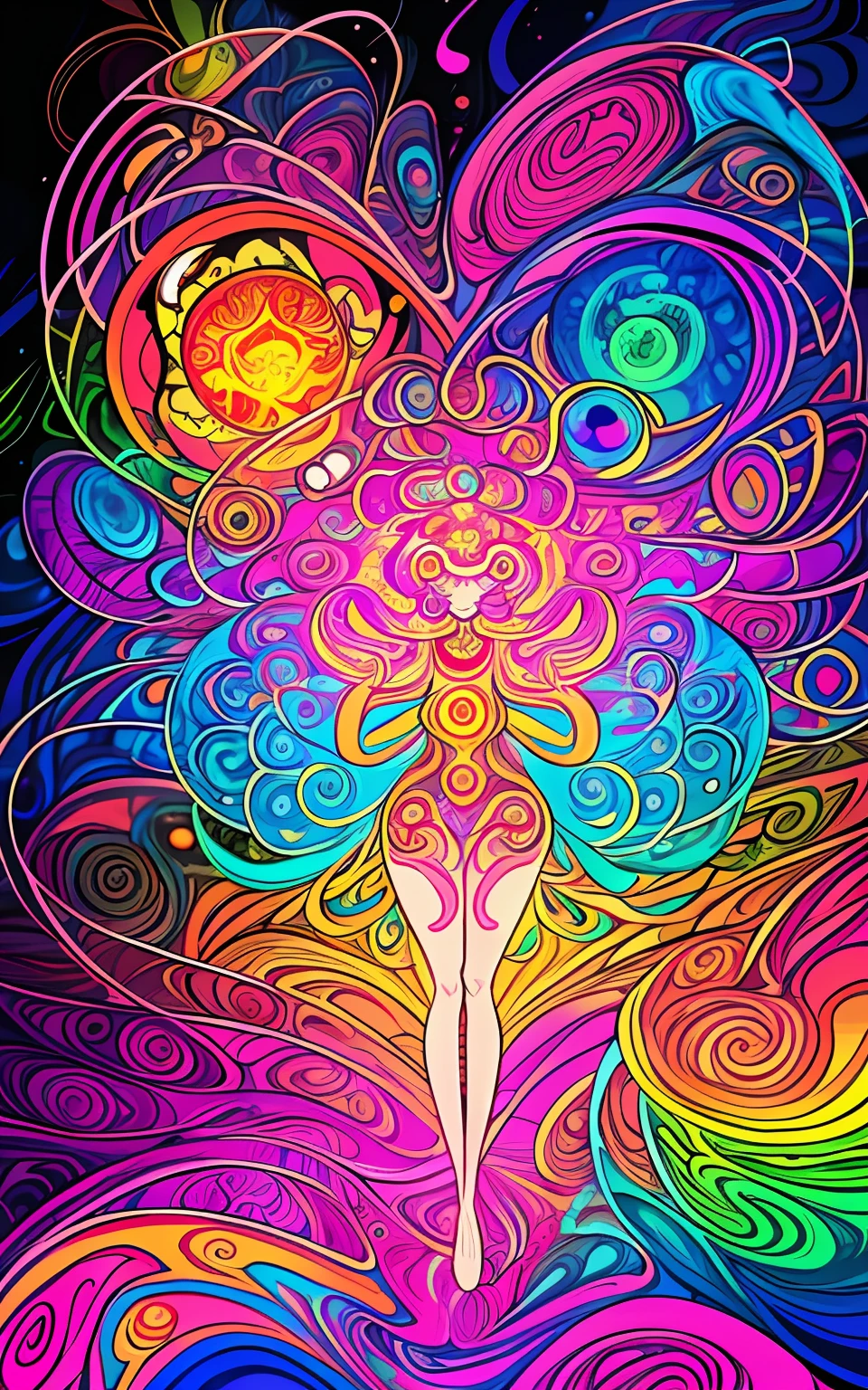 Vector print in the psychedelic style: An explosion of vibrant colors and abstract shapes that dance in perfect harmony. [A psychedelic face:2.5] stands out at the center of the composition, radiating energy and mystery. Intricate details and psychedelic patterns surround the figure, creating a sense of movement and depth. Tags: [masterpiece], vector print, psychedelic style, skull, vibrant colors, abstract shapes, energy, mystery, intricate details, psychedelic patterns, movement, depth, [black background].