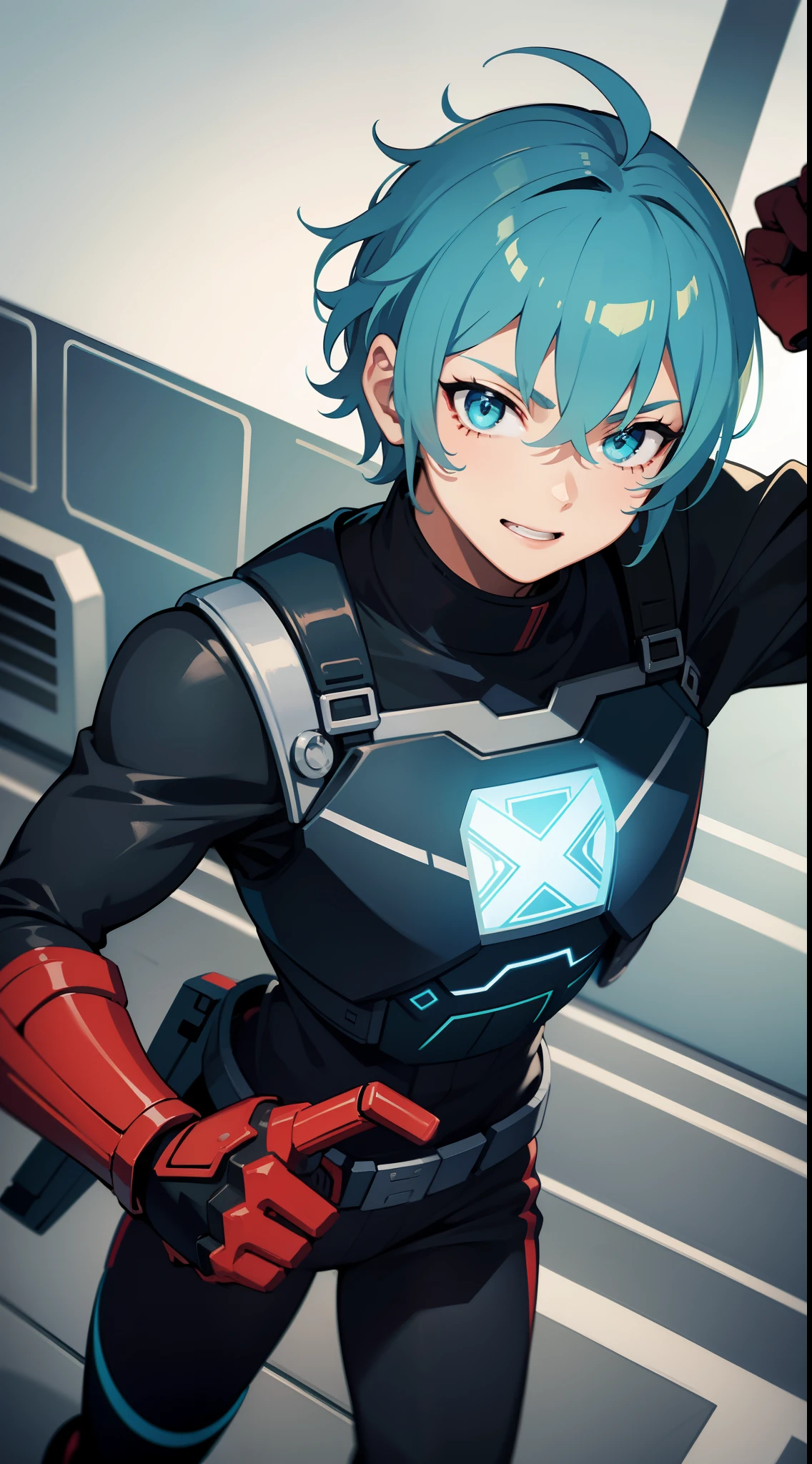 Young guy, short gray hair, Cyan eyes, Autobot's red armor, running, ssmile, Masterpiece, hiquality