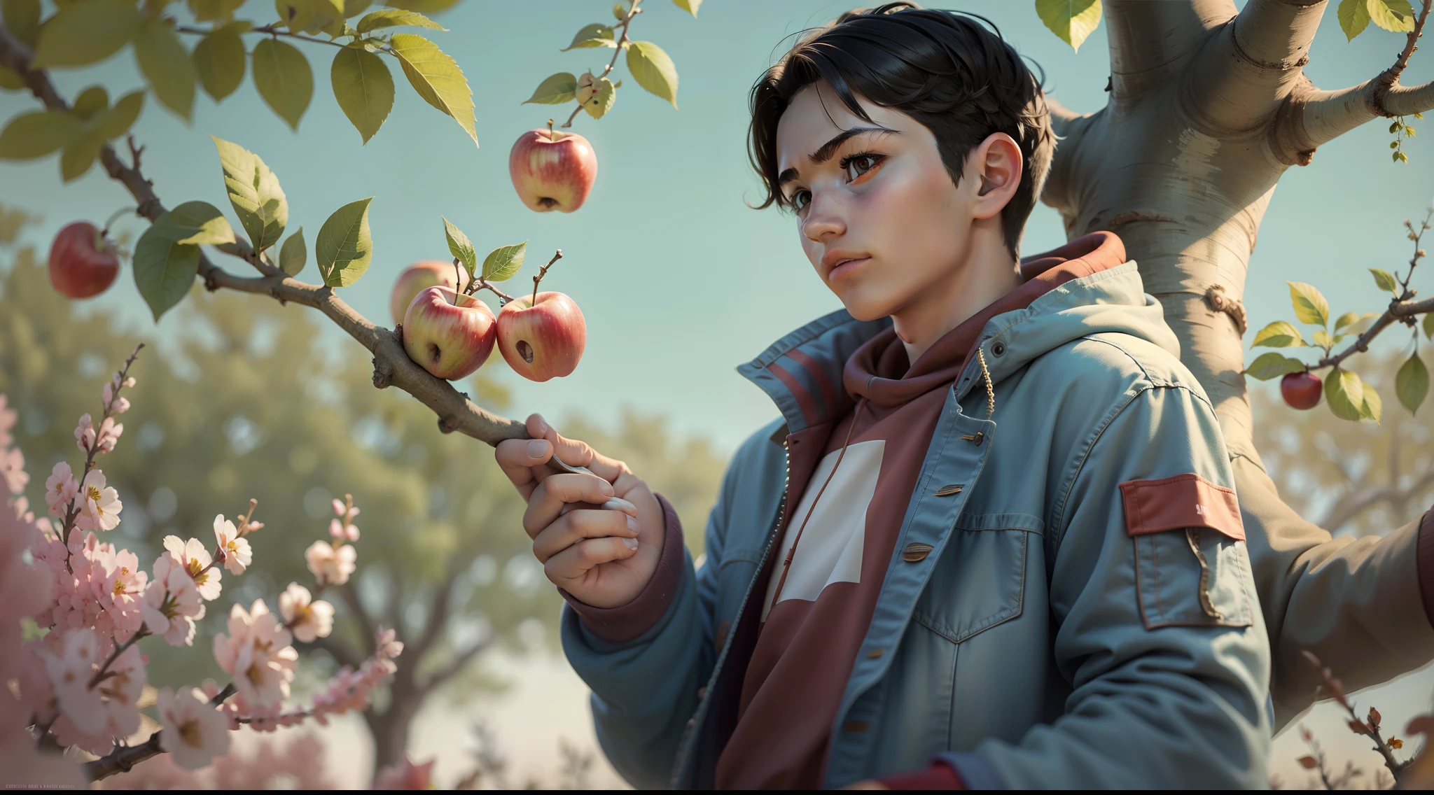 Male teenager standing near an apple tree