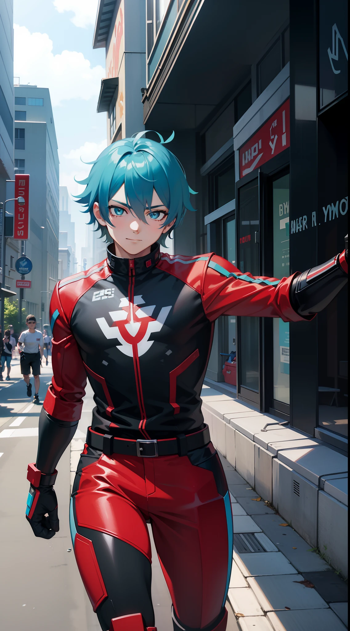 Young guy, short gray hair, Cyan eyes, Autobot's red armor, running, ssmile, Masterpiece, hiquality