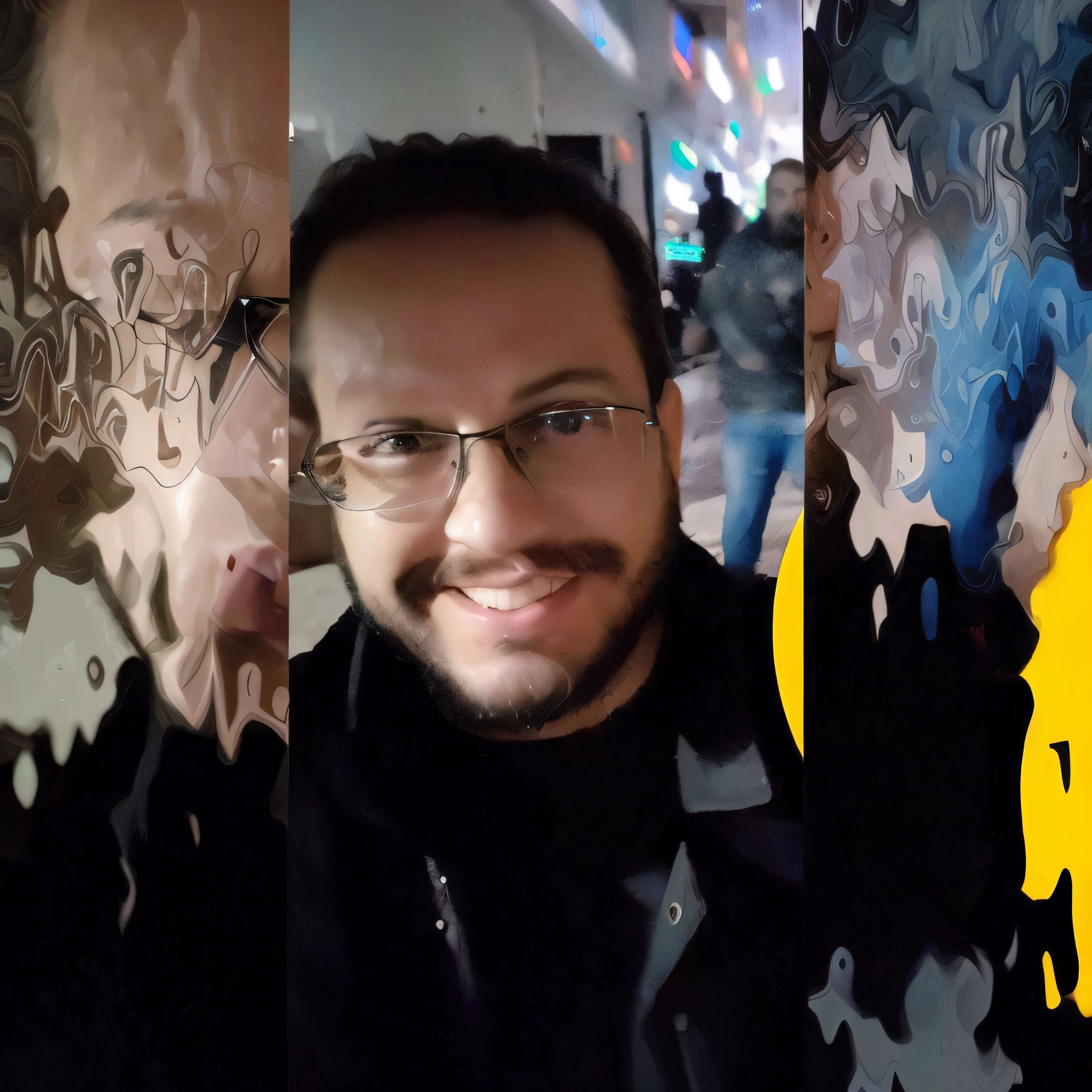 There are four different photos of a man with glasses and a beard, foto distorcida, imagem de qualidade muito baixa, foto de perfil 1024px, Monstros em segundo plano, blurry and glitchy, fantasmas em segundo plano, Fotografia selfie 8k, AI Autorretrato, foto de baixa qualidade, stable diffusion self portrait, peixes no fundo, foto inquietante