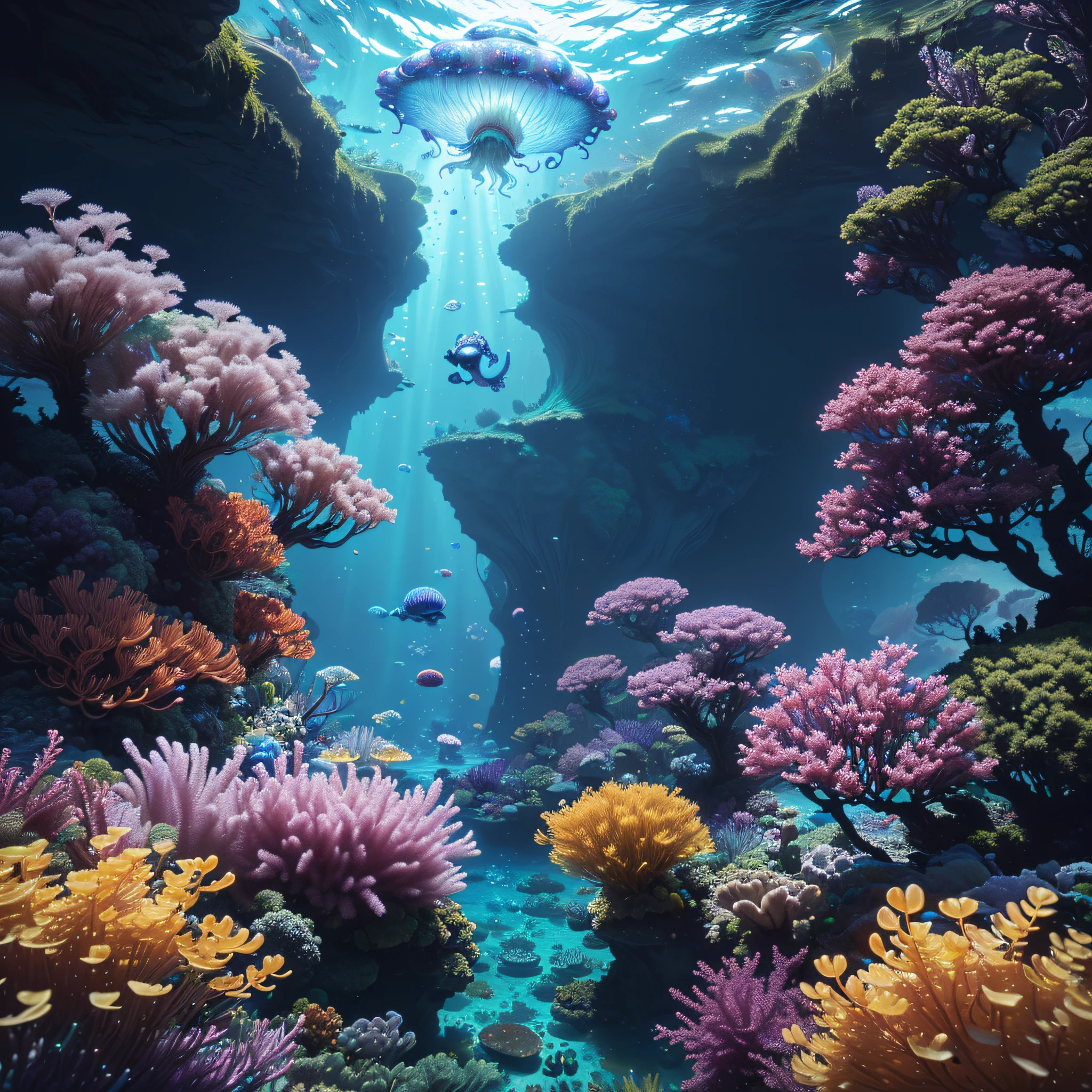 ((perspective)) microscopic world, vista, underwater fantasy,((masterpiece)), best quality, high quality, ((extremely detailed CG unity 8k wallpaper)),(fantasy), complex background, underwater fantasy world, fish school, Glowing jellyfish, colorful, (abyss)), staggered stone platforms in the abyss, glowing undersea plants, 3D digital painting, award winning photography, bokeh, depth of field, HDR, chromatic aberration, photorealistic, extremely detailed, artstation Trends on CGsociety, Intricate, High Detail, dramatic, art by midjourney, --v 6