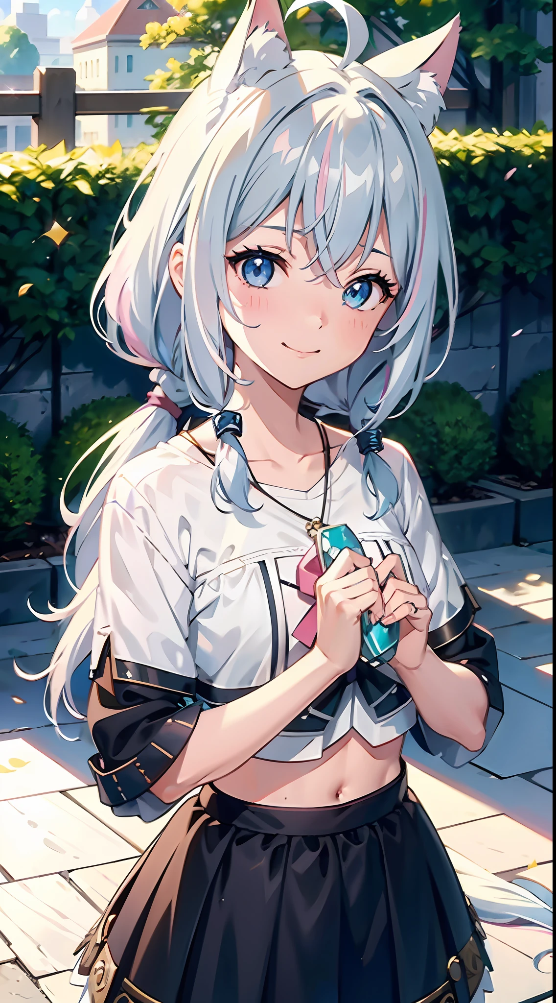 black hair, pink hair, asymmetrical hair, braid, crossed bangs, hair between eyes, very long hair, hair over shoulder, asymmetrical bangs, crystal hair, high ponytail, Twist braids, Short pleated skirt, Crop top, hair bell, Cat ear hair accessories, aqua eyes, amber eyes, smile, coquetry, shy, blush, Surrealism, high detail, anime style, motion blur, ray tracing, cowboy shot, Turn sideways and turn around, 8k, super detail, UHD, masterpiece, ccurate, best quality, 16k, 1080P, high details, high quality, award winning