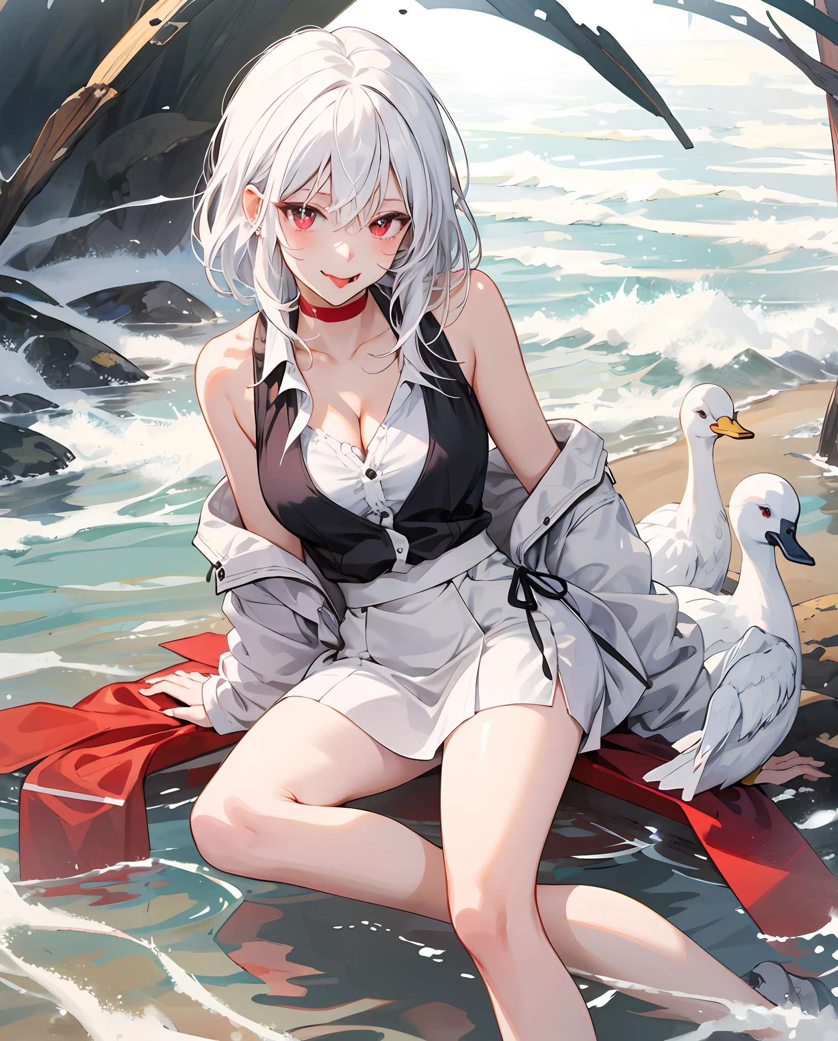 比基尼,animemanga girl,white color hair,red color eyes,sandbeach,duck sitting,A shy expression,Blushlush,Medium-sized breasts,cleavage,smooth thigh,Reflective skin,Vest line,Biye,Ha out of the white fog,Spit out the red tongue,Sharp tongue