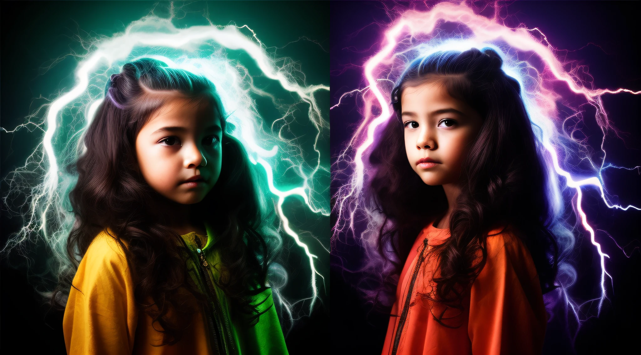 Child with a hairstyle and a ray in his hair, cabelos eletrificados, electric hair, with magical powers, cinematic lightning and colors, fiber optic hair, splashes of lightning behind her, cabelo louco, amazing lightning art, pelos de plasma coloridos, arco cerebral, fiber optic hair, colorful magical effects, cinematic colorful lightning, photo manipulation