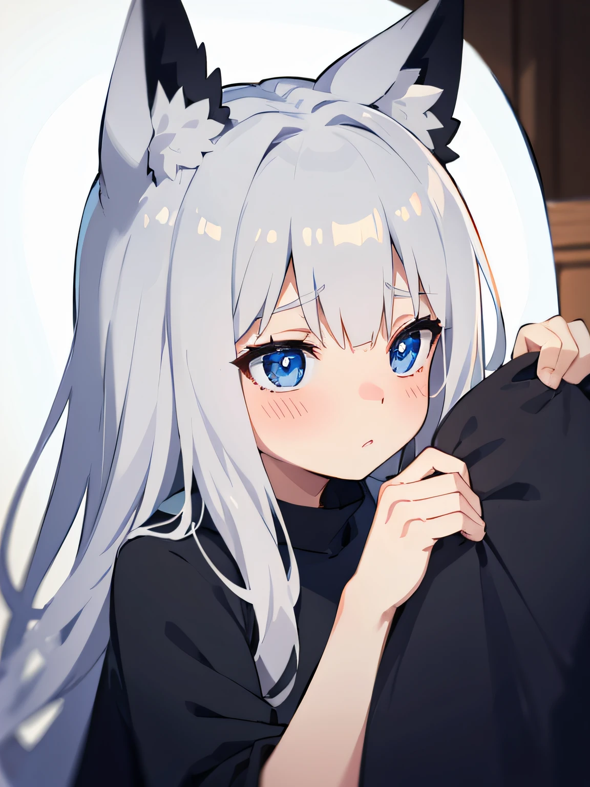 headpat cat ears, long silver hair, blushing, shy, blue eyes, comfy clothes