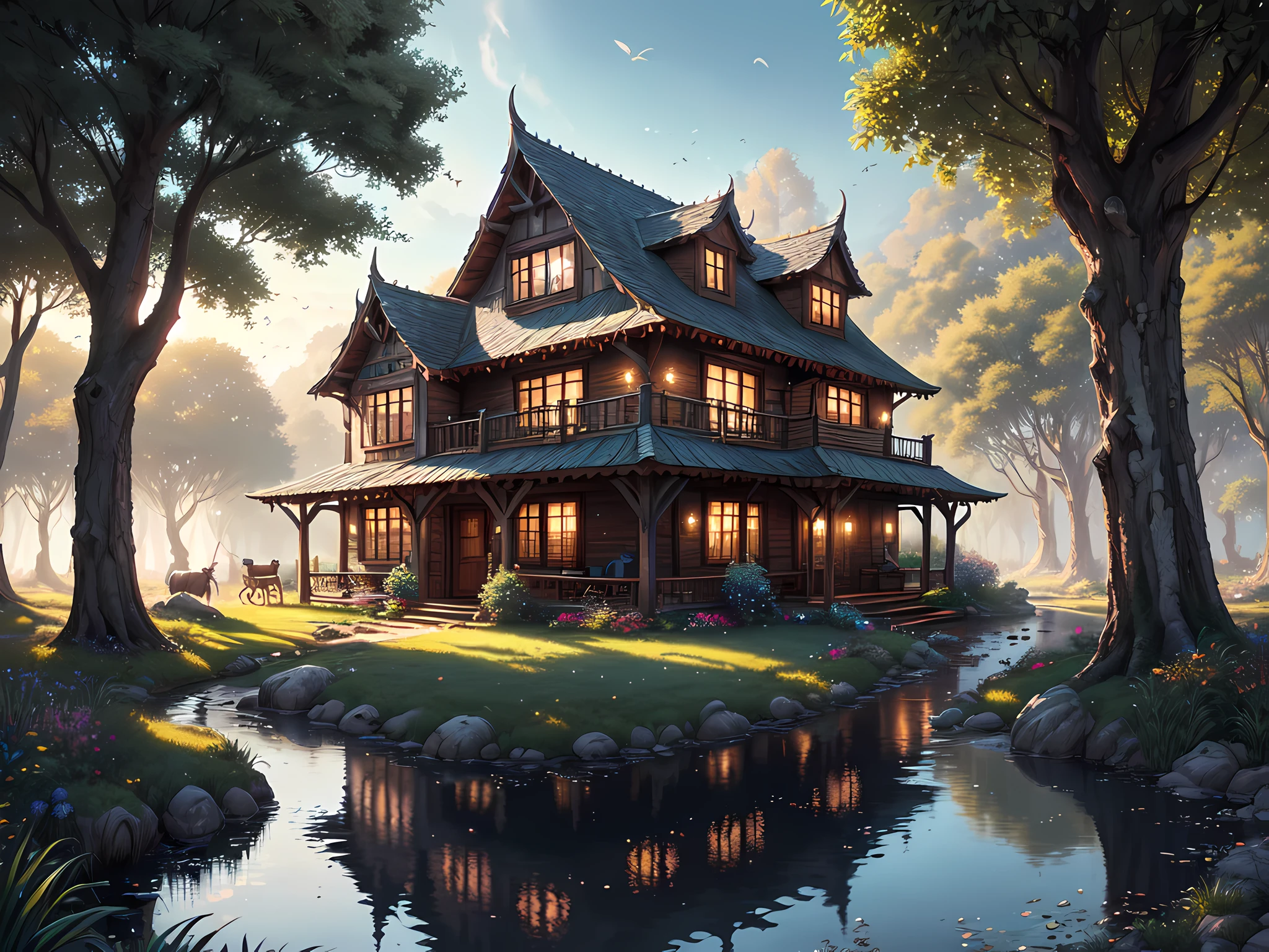 Cozy fantasy villa, magical, colorful, enchanted farm house, highly detailed, high resolution, ray tracing reflections, 8k vibrant colors, intricate complexity, soft natural volumetric cinematic perfect light, illustration, scenery,