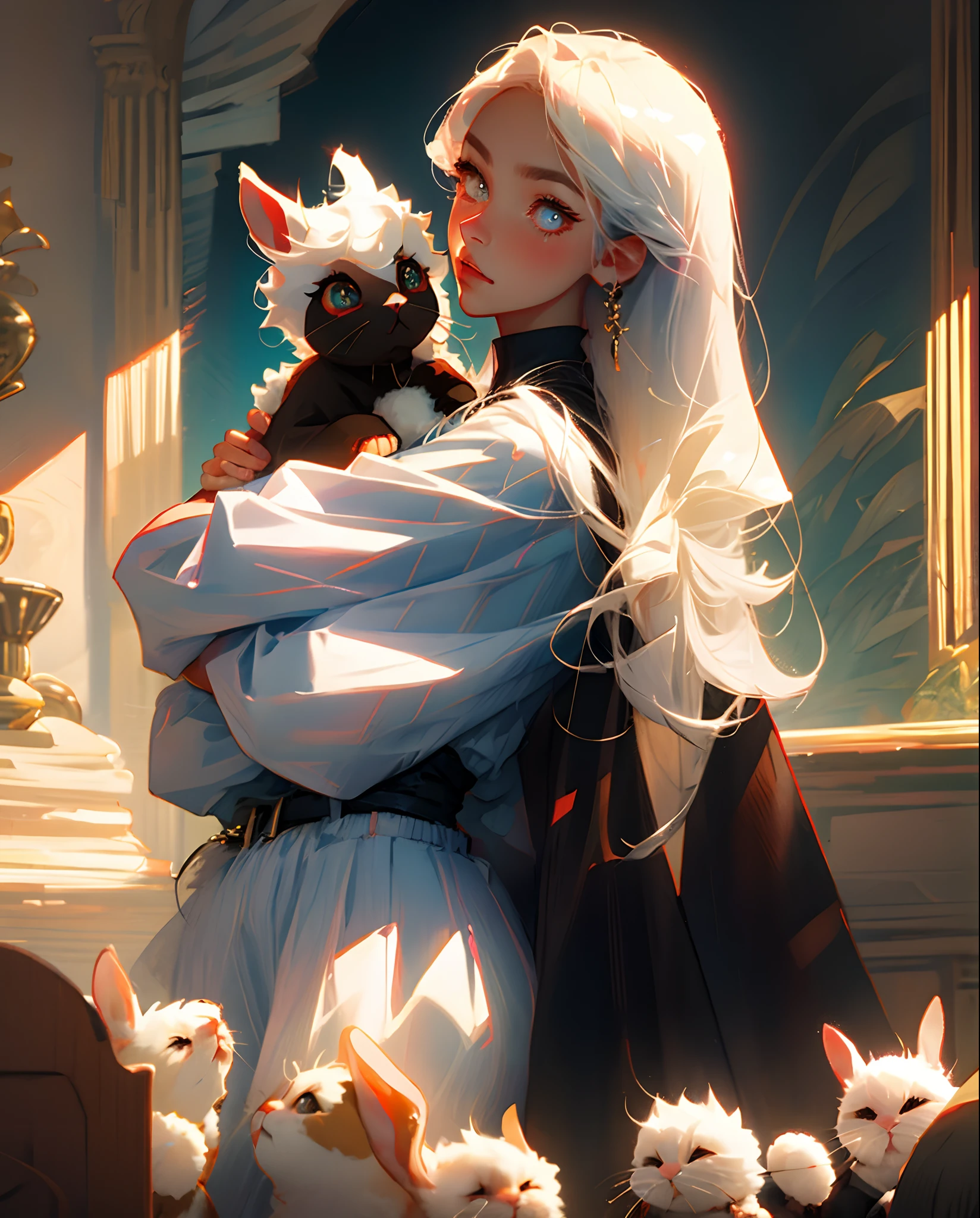long  white hair，Black pupils，Rabbit doll in his arms