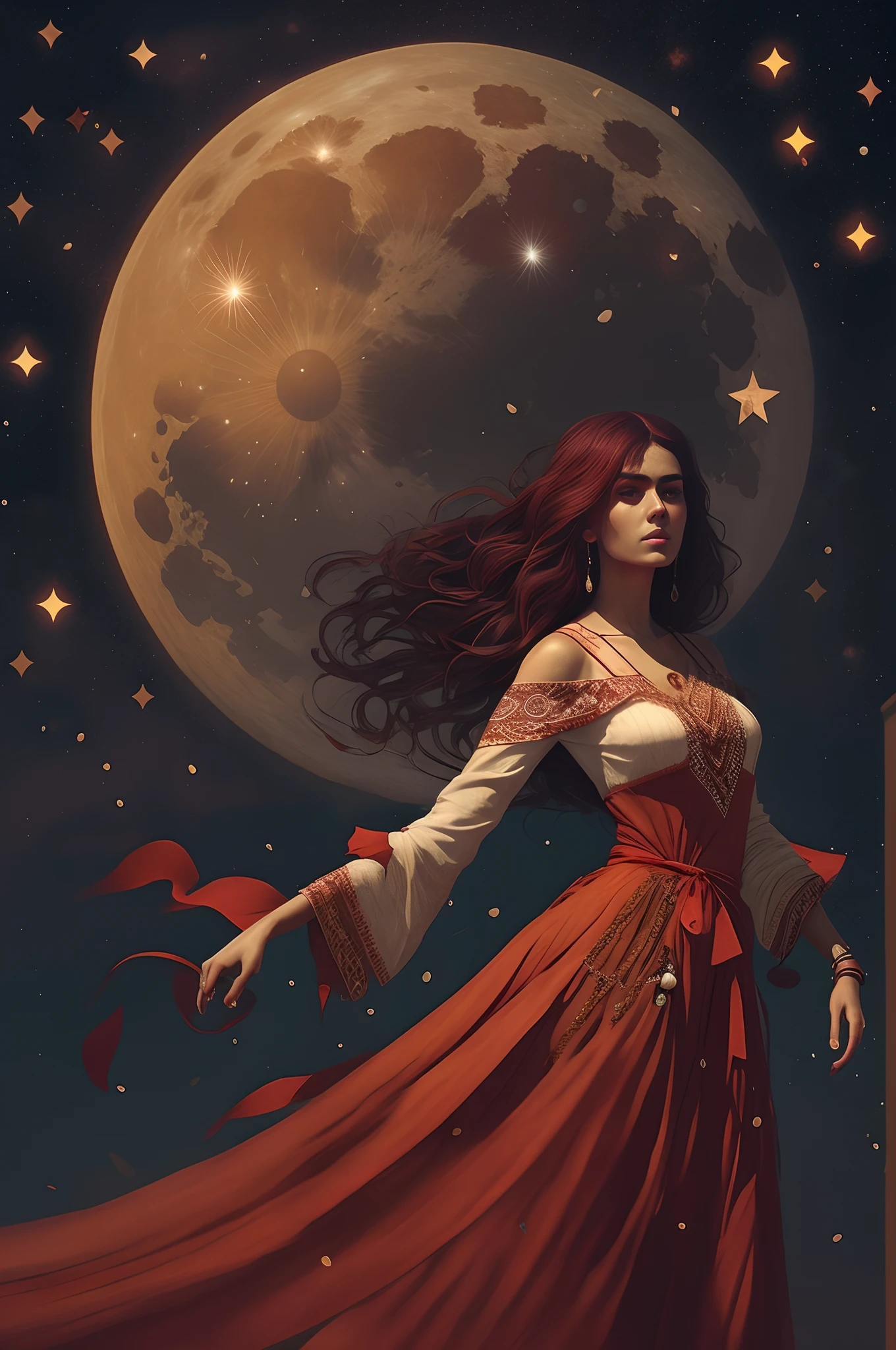There is a brown gypsy woman in a typical Spanish red gypsy dress in front of a full moon, Carlos Bowater Cores Profundas Ricas, Carlos Bowater Estilo de Arte, arte do personagem charlie bowater, Estilo Carlos Bowater, inspirado em Carlos Bowater, Sem estilo Carlos Bowater, Neoartcore e Carlos Bowater, Directed by: Carlos Bowater, Alena Aenami e Artgerm