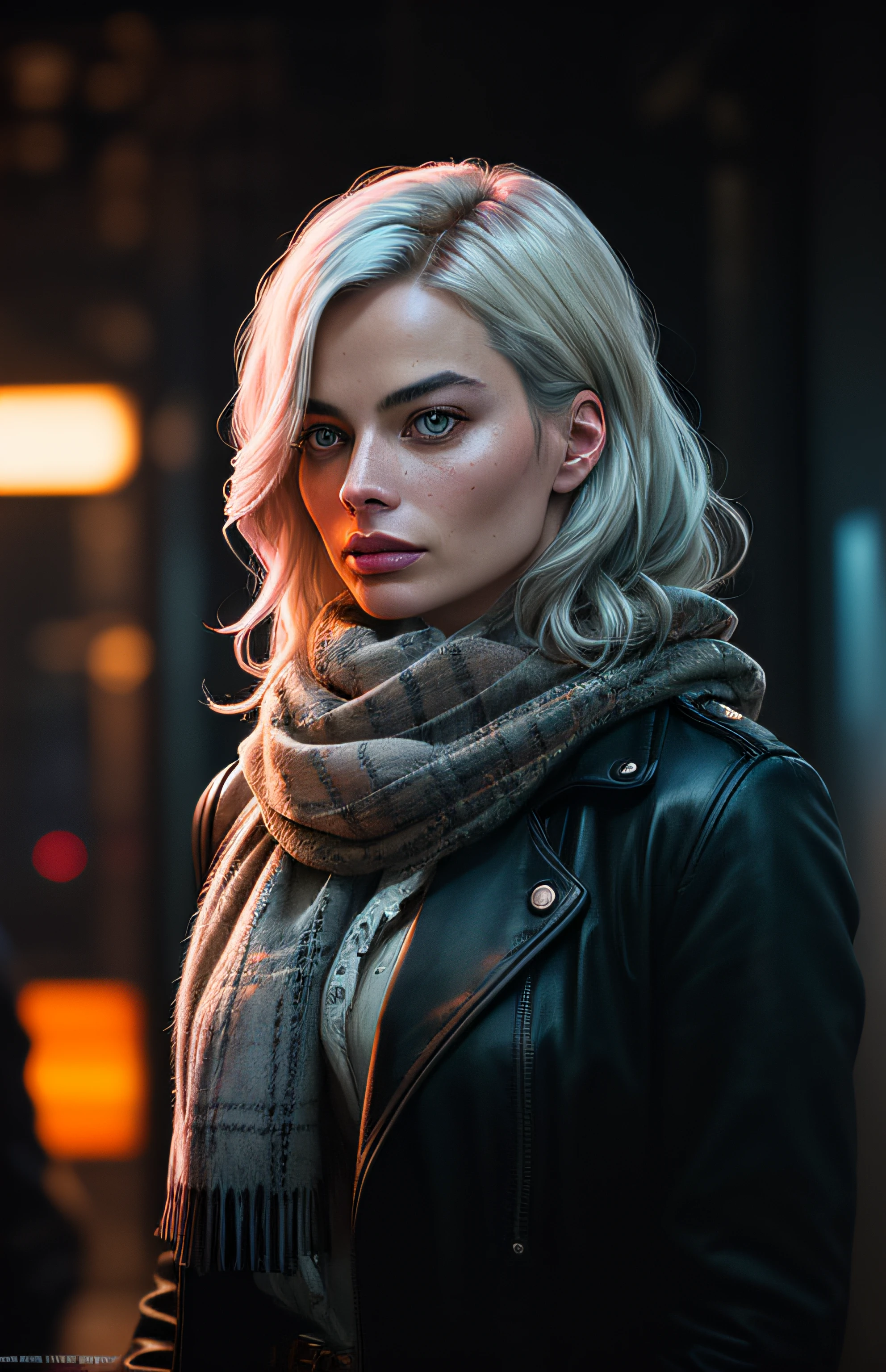 (dark shot:1.1), epic realistic, portrait of Margot Robbie, blue eyes, tartan scarf, white hair by atey ghailan, , black, brown and magenta color scheme, grunge aesthetic!!! graffiti tag wall background, , soft cinematic light, adobe lightroom, photolab, hdr, intricate, highly detailed, (depth of field:1.4), faded, (neutral colors:1.2), (hdr:1.4), (muted colors:1.2), hyperdetailed, (artstation:1.4), cinematic, warm lights, dramatic light, (intricate details:1.1), complex background, (rutkowski:0.66), (teal and orange:0.4)