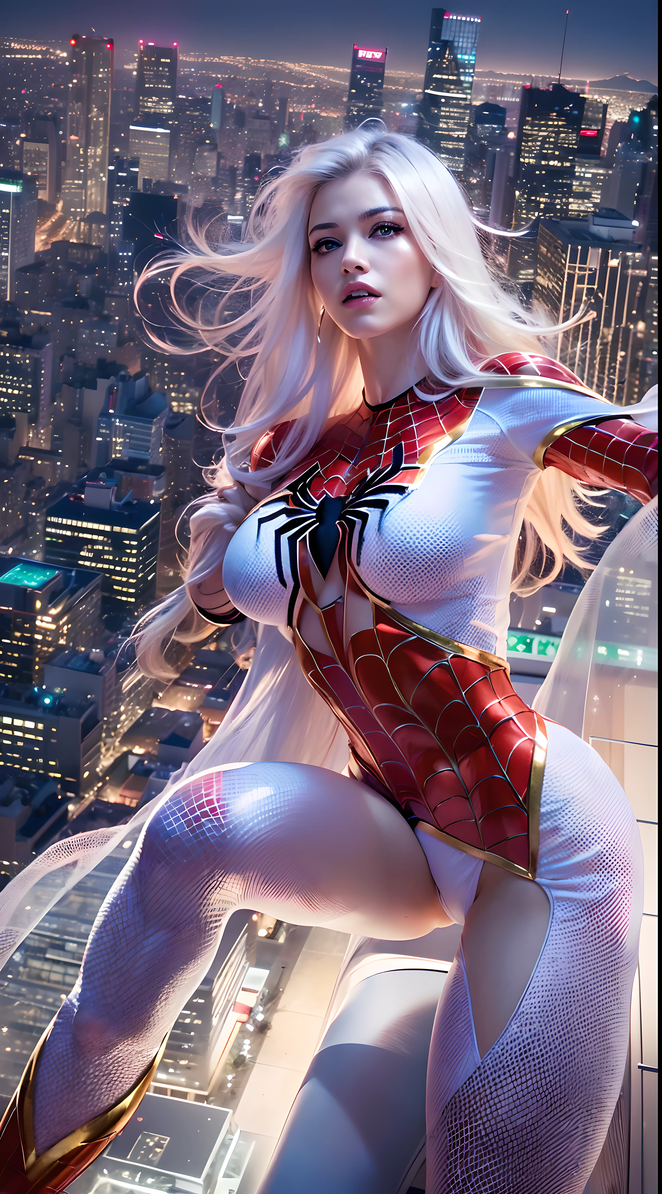(masterpiece:1.4), (8k, photorealistic, RAW photo, best quality: 1.4), japanese, (1girl), beautiful face, (realistic face:1.4), (white hair, long hair:1.3), beautiful hairstyle, beautiful detailed eyes, (best ratio eyes:1.5), attractive, ultra high res, ultra realistic, highly detailed, best ratio, (detailed face:1.4), looking at viewer, red lipsticks, (best ratio fingers:1.5), (White superhero theme, charismatic, there's a girl on top of town, wearing lingerie Spider-Man costume, she's a superhero), [ ((25 years), full body, (realistic blue eyes:1.2), ((Spider-Man pose), show of strength, jumping from one building to another), ((sandy urban environment):0.8)| (cityscape, at night, dynamic lights), (full moon))] # Explanation: The Prompt mainly describes a 4K painting of ultra-high definition, very realistic, very detailed. It shows a superheroine at the top of the city, wearing a Spider-Man costume. The theme in the painting is a white superhero theme, the female protagonist has long white hair, is 25 years old and her entire body is shown in the painting. In terms of portraying the actions of superheroines, spiders are employed, (no bra:1.4), perky_nipples, ((exposed_nipples, exposed breasts, high proportional realistic breasts, realistic big breasts):1.3), (closed mouth:1.4), (camel_toe_pussy:1.3), innie_pussy,