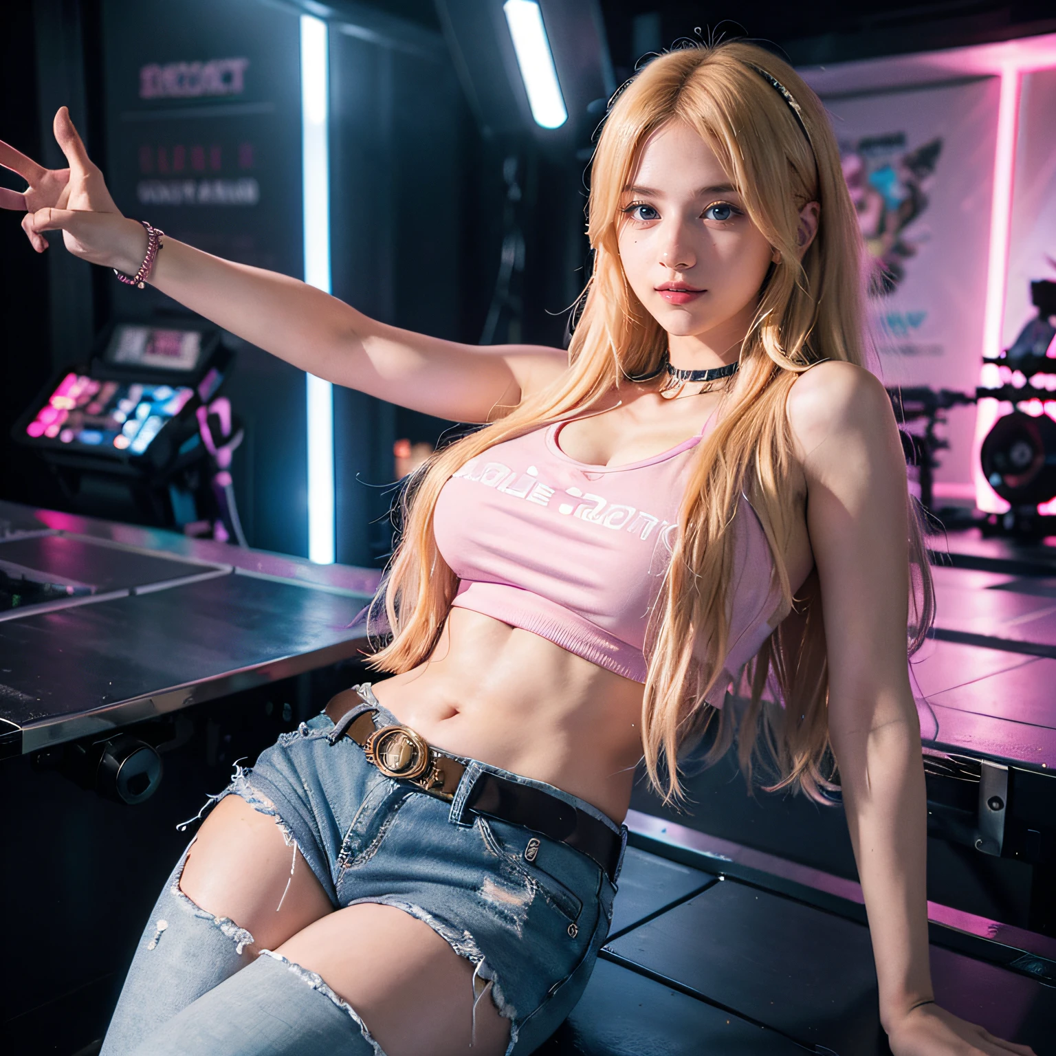 1girl, (Blue Eyes), cute smile, ((Sana Minatozaki)), wide hips, Big Boobs, big ass, (Best Quality, 8k, Masterpiece: 1.3), Clear Focus: 1.2, Perfect Body Beauty : 1.4, Slender Abs: 1.2, Highly detailed face and skin texture, detailed eyes, double eyelids, (long blonde hair), (tanktop and [Hot Pink jacket]), (shorts jeans and belt), (sneakers), in a disco party, dance floor, electronic music, full body, many people
