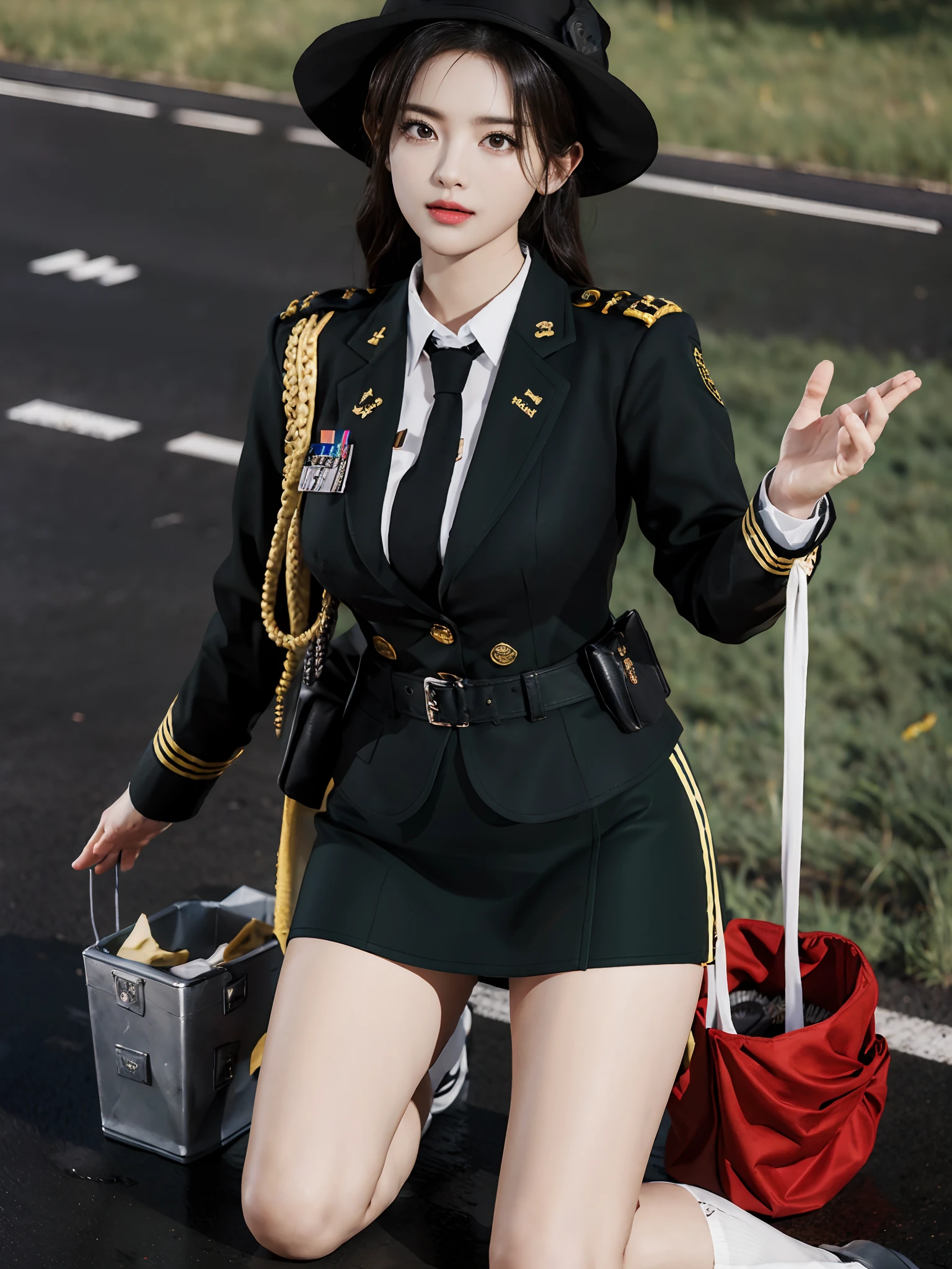 Very detailed CG unity 8K wallpaper，（tmasterpiece），（best qualtiy），（ultra - detailed），（Ultra photo realsisim），（best character detail：1.36），Nikon D750 f / 1.4 55mm，profesional lighting， physically-based renderingt, 1girll, Female soldier，army suit，Green military uniform，Fabric texture military uniform，Pure white lining，Dark green tie，Army green skirt，bucket-hat，Black hair，the golden ratio,[:(com rosto detalhado:1.2):0.2]:,PureErosFace_V1, broad shoulder,(Bigchest:1.5),(big assa:1.5)，Wide buttock ，Bare legged，Plump legs，Move the center of gravity back，Feet forward with your hands outstretched，put both feet in the hand circle，whitestocking，hands in front of your feet，Hold your legs，kneeling down，Kneel on the grass，Soaked with sweat，red flags，At the cafe，Night Street，bright sun，Look at the audience from the front，Bright smile，White teeth，lighting，Contre-Jour，