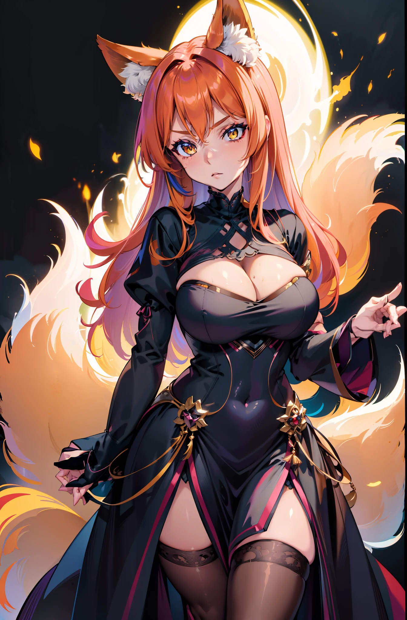 Volumetric Lighting, Best Shadows, Portrait Of Stunningly Beautiful Girl, Petite, Delicate Beautiful Attractive Face With Alluring Yellow Eyes, Huge breasts, Short orange hair, Slim Waist, Standing, (Highest Quality, Amazing Details:1.25), Brilliant Colorful Paintings, anime character dressed a dress with a fox tail, fox, kitsune, a beautiful fox lady, a beautiful kitsune woman, goth makeup, goth clothes, goth, full body, portrait