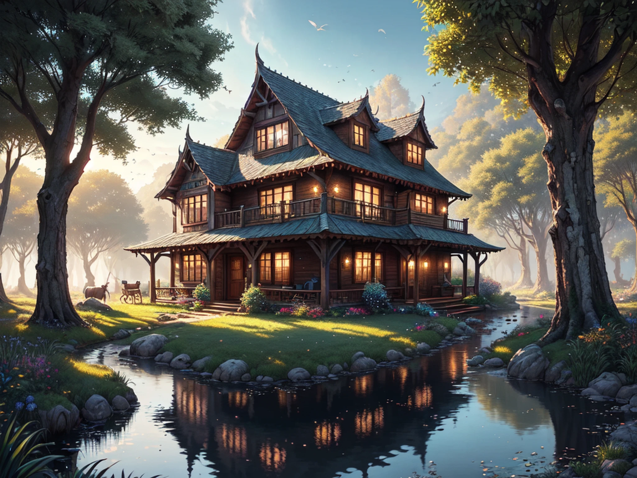 Cozy fantasy villa, magical, colorful, enchanted farm house, highly detailed, high resolution, ray tracing reflections, 8k vibrant colors, intricate complexity, soft natural volumetric cinematic perfect light, illustration, scenery,