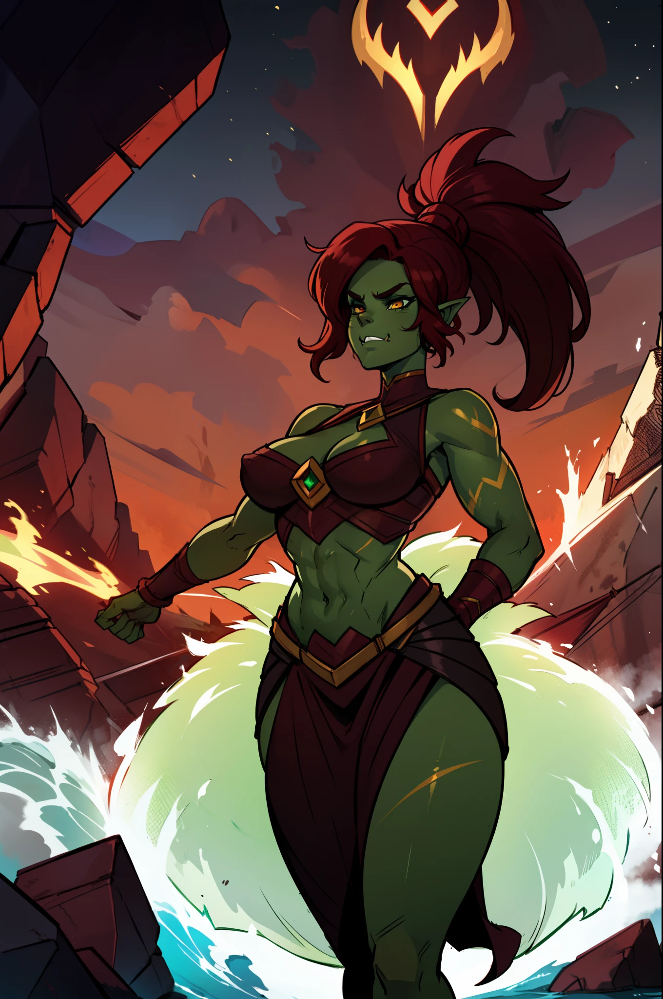 enchanting female half-orc warrior, a true testament to the fusion of human and orc ancestry. Her skin radiates an otherworldly green, vibrant like the emeralds. This captivating hue imbues her with an ethereal aura, accentuating her uniqueness.

Her physique is that of a battle-hardened warrior, with toned green muscles that speak of her dedication to combat. Her arms bear the marks of numerous victories, each scar a testament to her indomitable spirit. A finely crafted set of armor adorns her, a blend of rugged orc craftsmanship and elegant human design, serving as both protection and a statement of her strength.

Her red hair cascades down her back in fiery waves, echoing the ferocity of her nature. Strands of crimson dance in the wind as she charges into battle, an embodiment of both grace and power.

The hallmark of her appearance lies in her fierce and elongated fangs, gleaming with an almost luminescent quality against her verdant skin. These formidable fangs, unique to her orc lineage, are a testament to her ancestry and serve as a reminder of her unwavering determination, master piece, best quality, award winning art