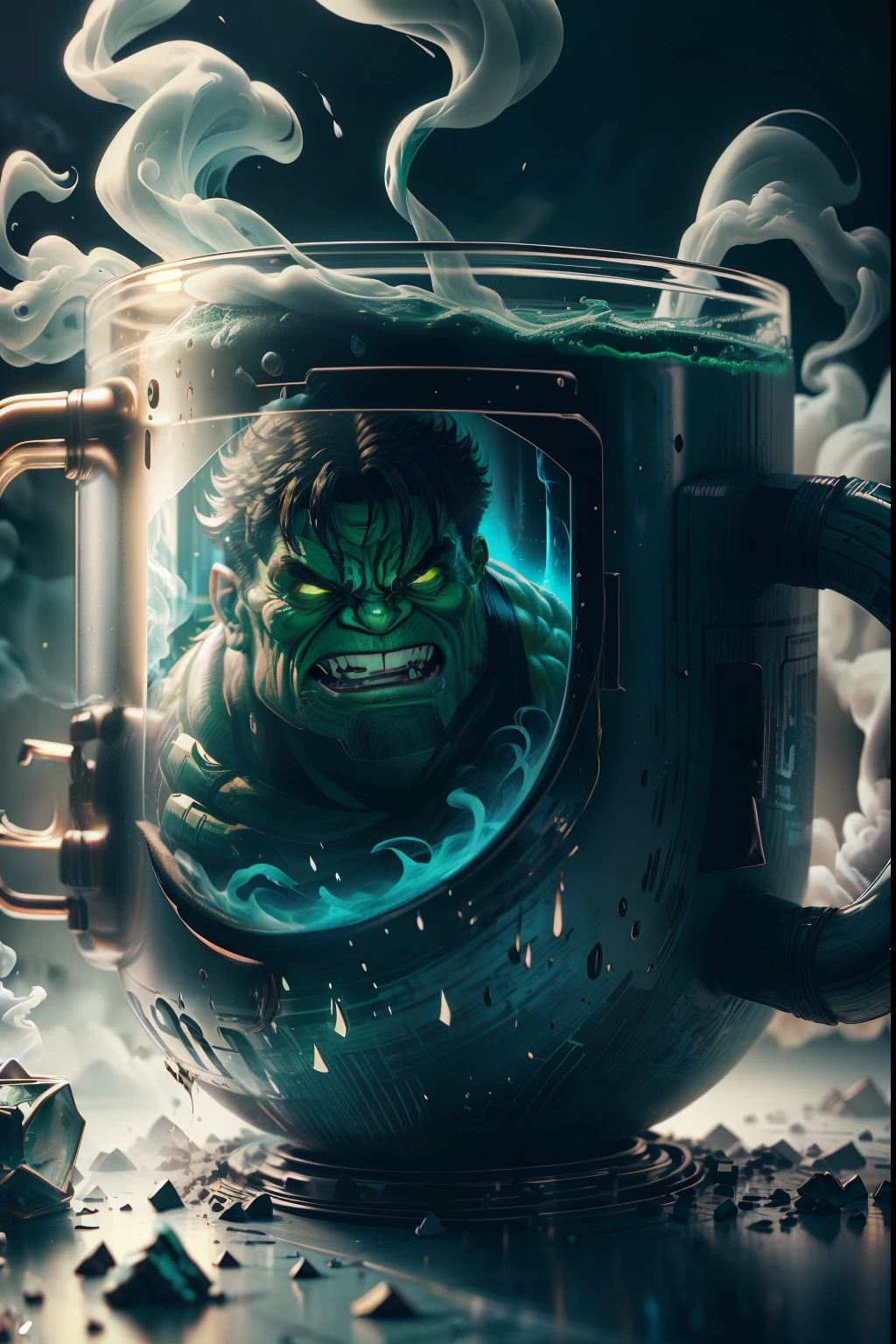 A Mug design with hulk costume, surrounding magic smoke,ultra stable, front view,real mug, realistic,full view