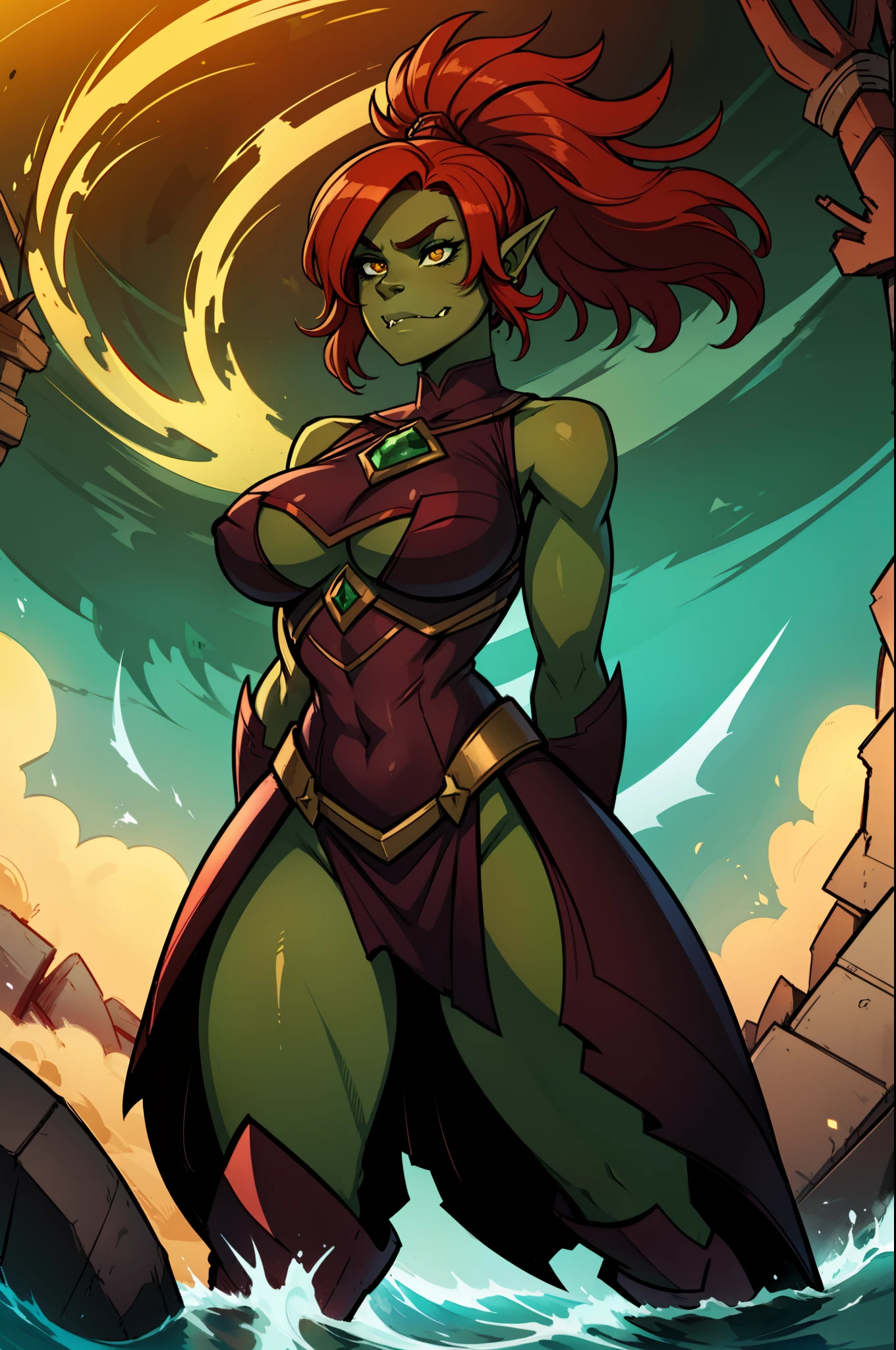 enchanting female half-orc warrior, a true testament to the fusion of human and orc ancestry. Her skin radiates an otherworldly green, vibrant like the emeralds. This captivating hue imbues her with an ethereal aura, accentuating her uniqueness.
Her physique is that of a battle-hardened warrior, with toned green muscles that speak of her dedication to combat. Her arms bear the marks of numerous victories, each scar a testament to her indomitable spirit. A finely crafted set of armor adorns her, a blend of rugged orc craftsmanship and elegant human design, serving as both protection and a statement of her strength.
Her red hair cascades down her back in fiery waves, echoing the ferocity of her nature. Strands of crimson dance in the wind as she charges into battle, an embodiment of both grace and power.
The hallmark of her appearance lies in her fierce and elongated fangs, gleaming with an almost luminescent quality against her verdant skin. These formidable fangs, unique to her orc lineage, are a testament to her ancestry and serve as a reminder of her unwavering determination, master piece, best quality, award winning art