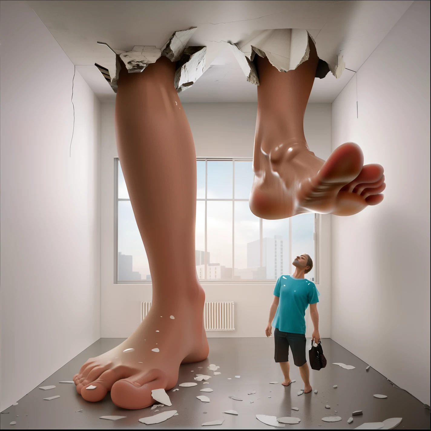 There's a man standing in a room with a giant foot., surreal art, Surrealism Hyperrealism, Surreal Portrait, Coercive perspective, Completely realistic but surreal, Surreal realism, Mashuh, Ultra-realistic image, Incredible perspective, Hyper Realistic 3D Digital Art, Realistic 3D Digital Art, The illusion of surrealist art, Hyper-realistic art, Contemporary Art 3D, Image manipulation