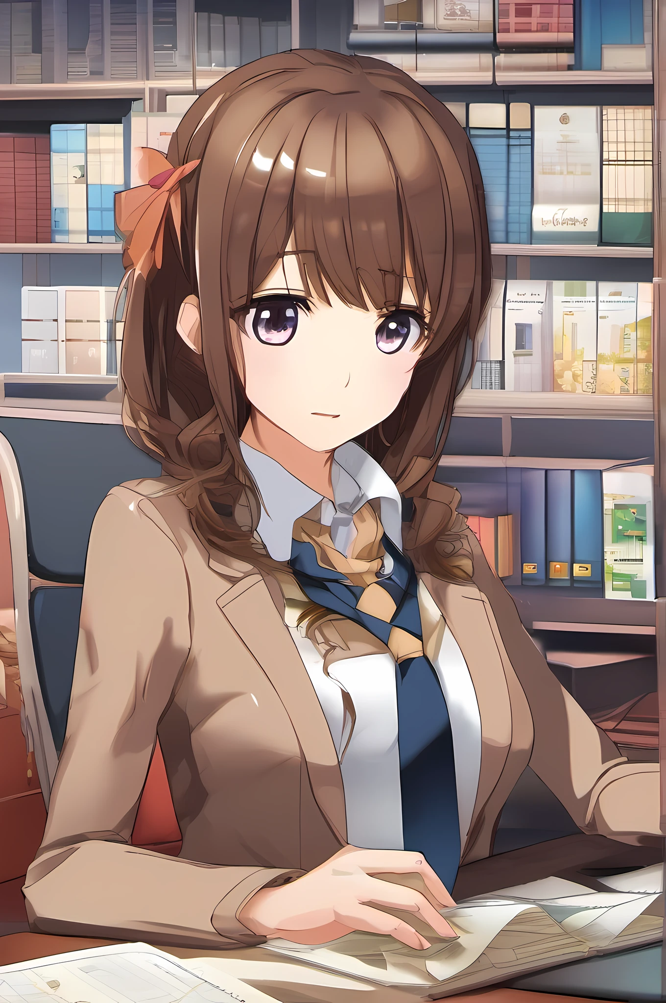 anime girl, office, makima, mappa, formal clothing, tie, brown hair, film noise