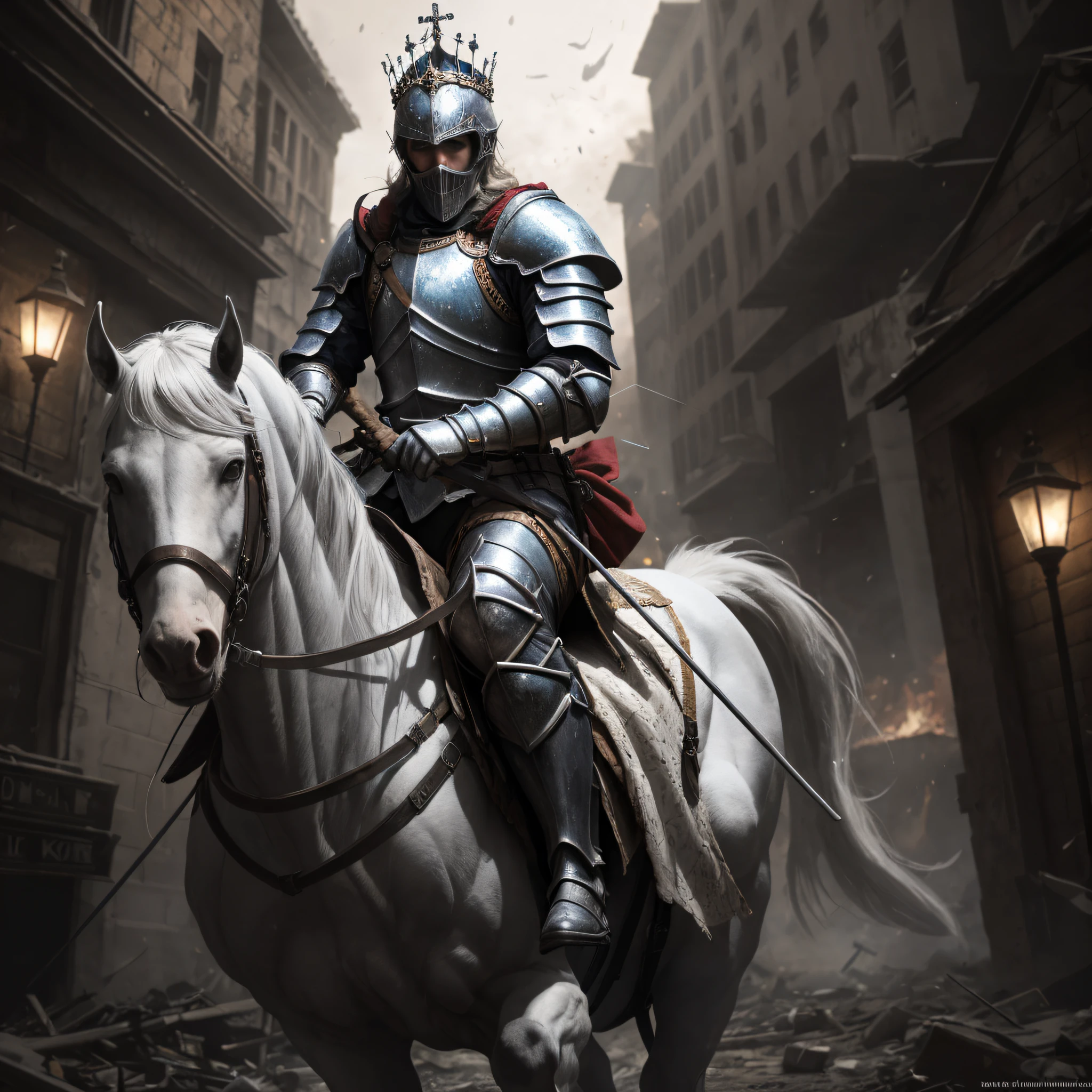 A demonic knight arming a bow and arrow in war and a crown on his head riding a white horse in an apocalyptic scene, apocalypse, foto ultra realista, cinematographic scene, master part, best quality, alta qualidade, papel de parede 8k unidade CG extremamente detalhado, award-winning photography, Bokeh, profundidade de campo, HDR, florescer, chromatic aberration, fotorrealista, extremamente detalhado