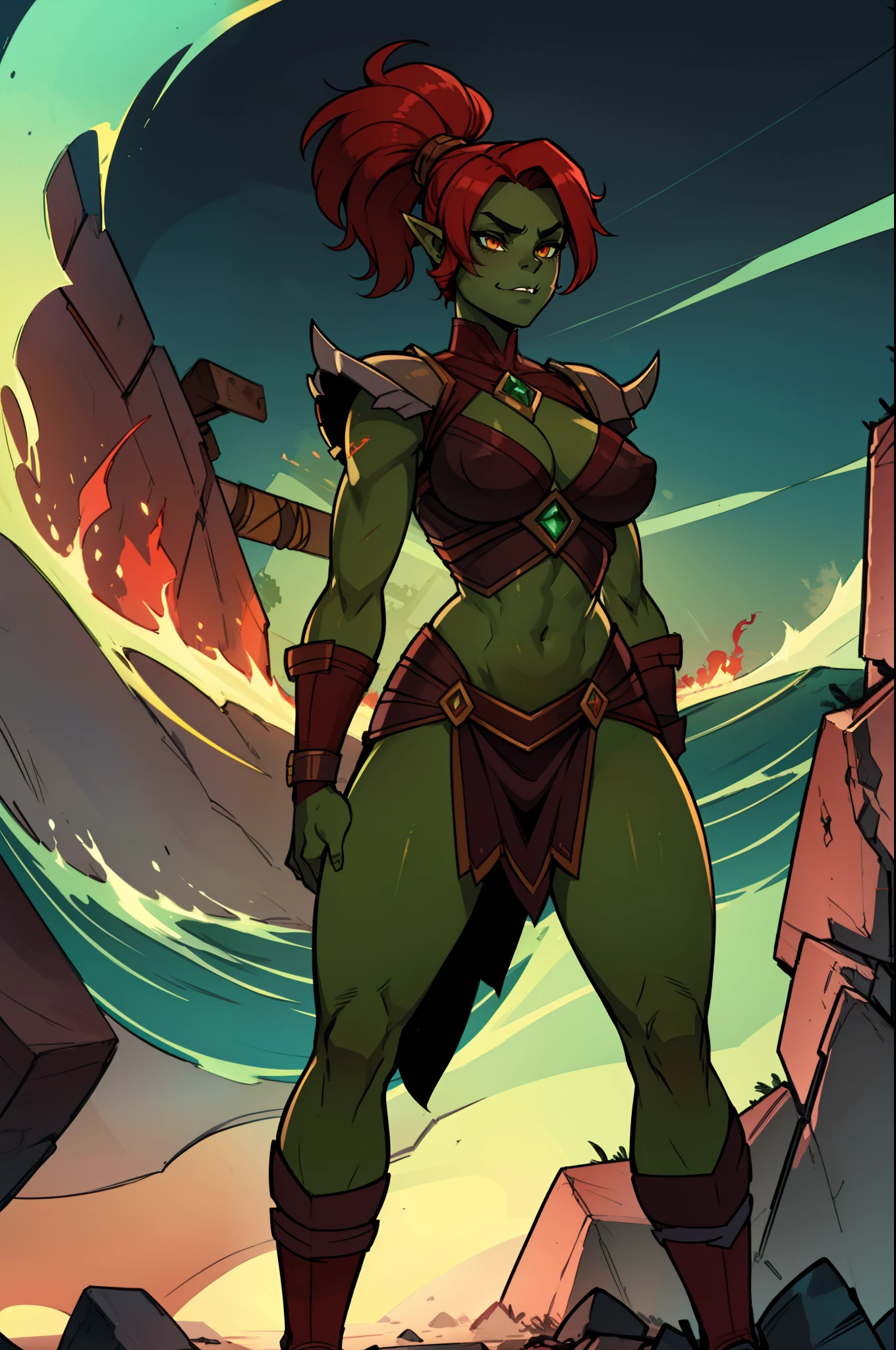 enchanting female half-orc warrior, a true testament to the fusion of human and orc ancestry. Her skin radiates an otherworldly green, vibrant like the emeralds. This captivating hue imbues her with an ethereal aura, accentuating her uniqueness.
Her physique is that of a battle-hardened warrior, with toned green muscles that speak of her dedication to combat. Her arms bear the marks of numerous victories, each scar a testament to her indomitable spirit. A finely crafted set of armor adorns her, a blend of rugged orc craftsmanship and elegant human design, serving as both protection and a statement of her strength.
Her red hair cascades down her back in fiery waves, echoing the ferocity of her nature. Strands of crimson dance in the wind as she charges into battle, an embodiment of both grace and power.
The hallmark of her appearance lies in her fierce and elongated fangs, gleaming with an almost luminescent quality against her verdant skin. These formidable fangs, unique to her orc lineage, are a testament to her ancestry and serve as a reminder of her unwavering determination, master piece, best quality, award winning art