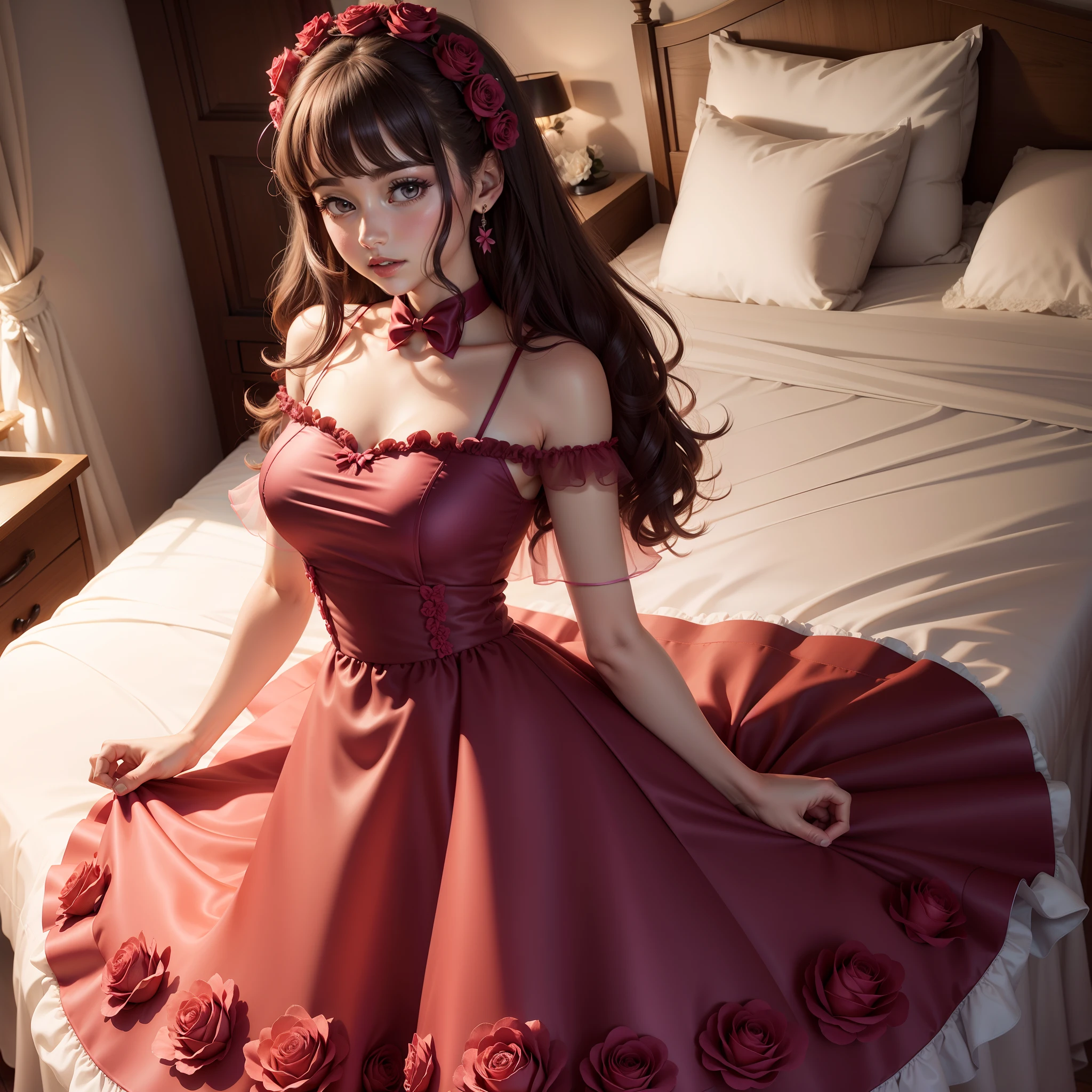 Vestido Rose Decote V Manga Longa em Organza, bow bow, bow