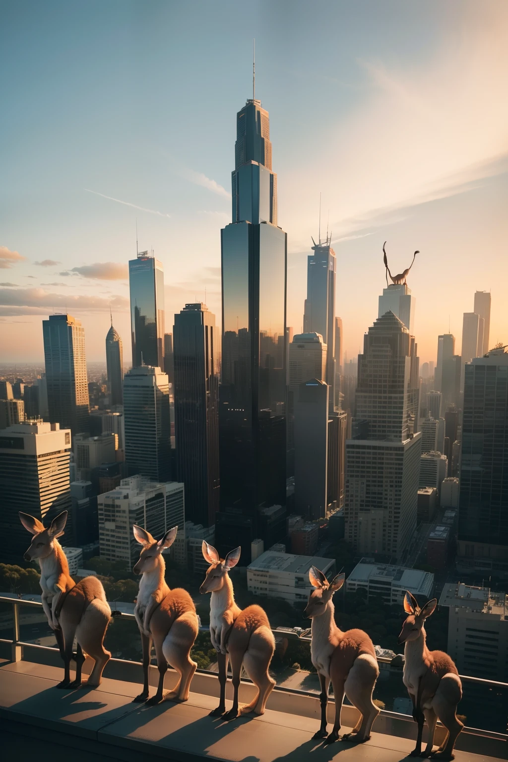 A large herd of kangaroos standing on top of a tall building in the middle of Melbourne city looking around curiously, (((wide shot))), sunset in background, skyscrapers, Melbourne city, (((Melbourne skyline))), buildings, city skyline, vibrant sky, (((subject: large herd of kangaroos standing on roof top of tall building))), cinematic, hyper realistic photo, 8k render, curious animals, overcast, (((herd of kangaroos))), rainbow in sky, candid photo, Aussie, city life, top view shot, numerous kangaroos