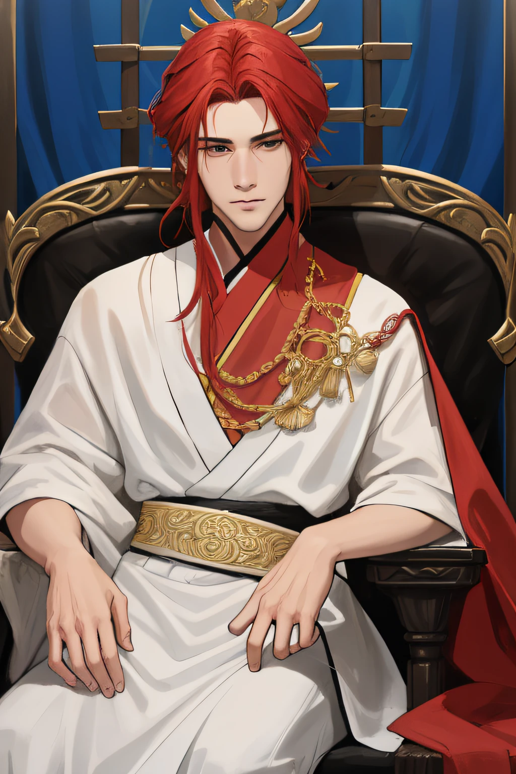 nsfw, obra-prima, melhor qualidade, ultra-detalhado, semi-realista, detailedfacialfeatures, 1boy, cabelo negro, cabelo longo, olhos vermelhos, vestindo uma roupa antiga vermelha, wuxia detalhada e intrincada,sentando em um trono