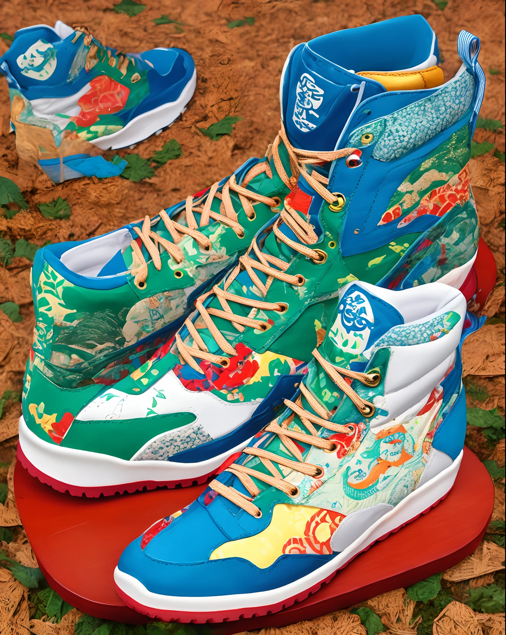 In the forest, high-top sneakers, ukiyo-e, dinosaur design, colorful colors, Detailing oil painting of, ultra-detailed, clock punk, 32K--AR2500