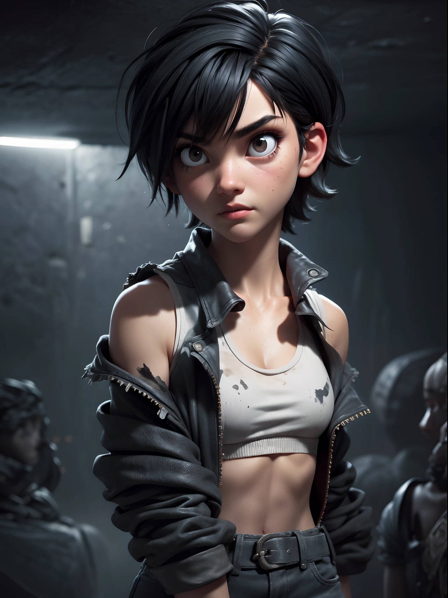 1girl, short black hair messy, black eyes, psycho look, gray haze around, peeking out upper body, dark cave, Ripped clothes, 16k