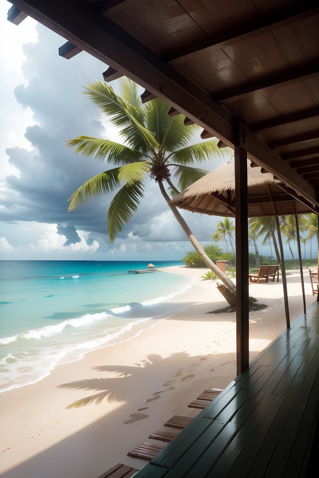 tropical beach hut rain falling all around