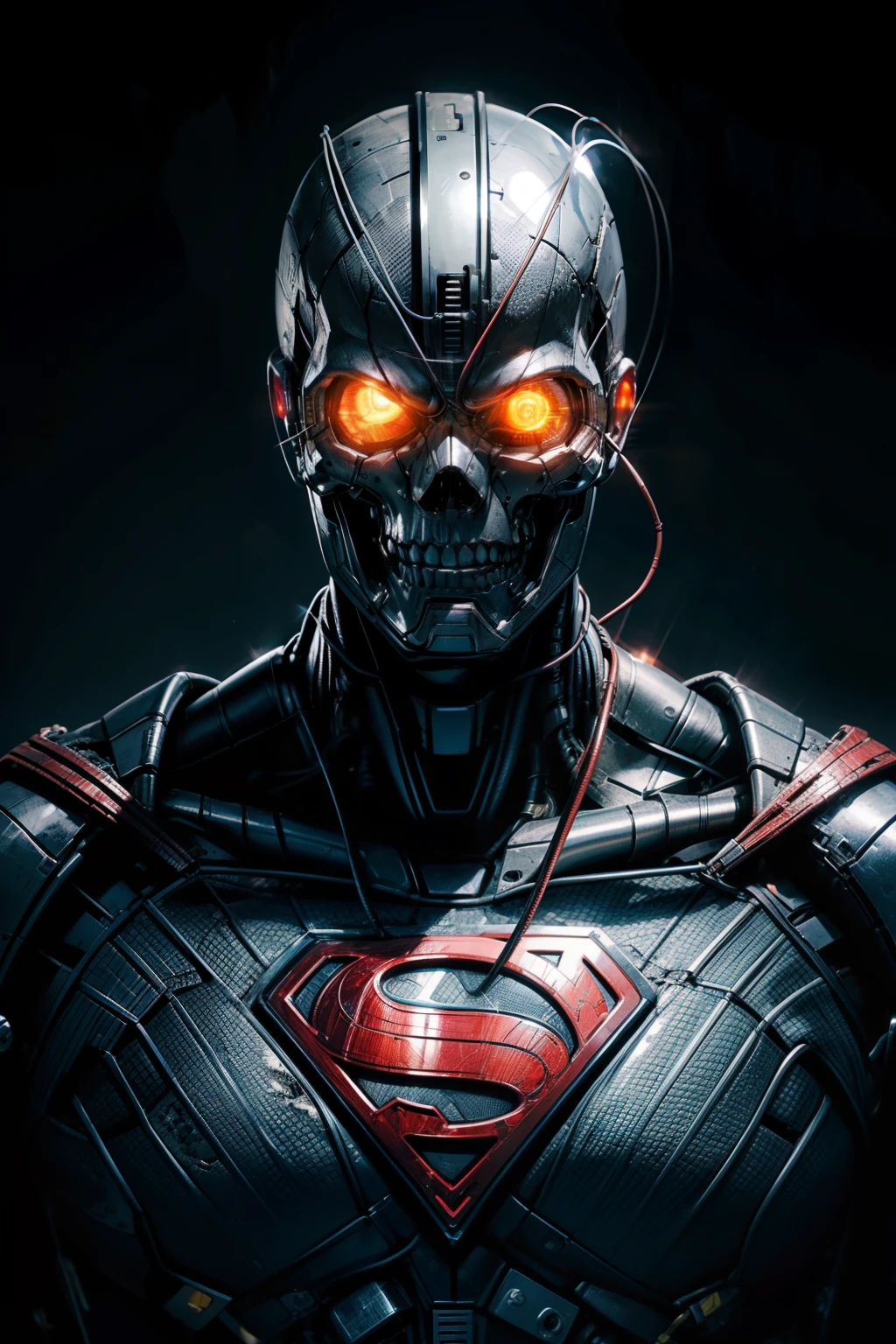 superman half man, half cybernetic skull screaming,cables,wires,mechanical parts