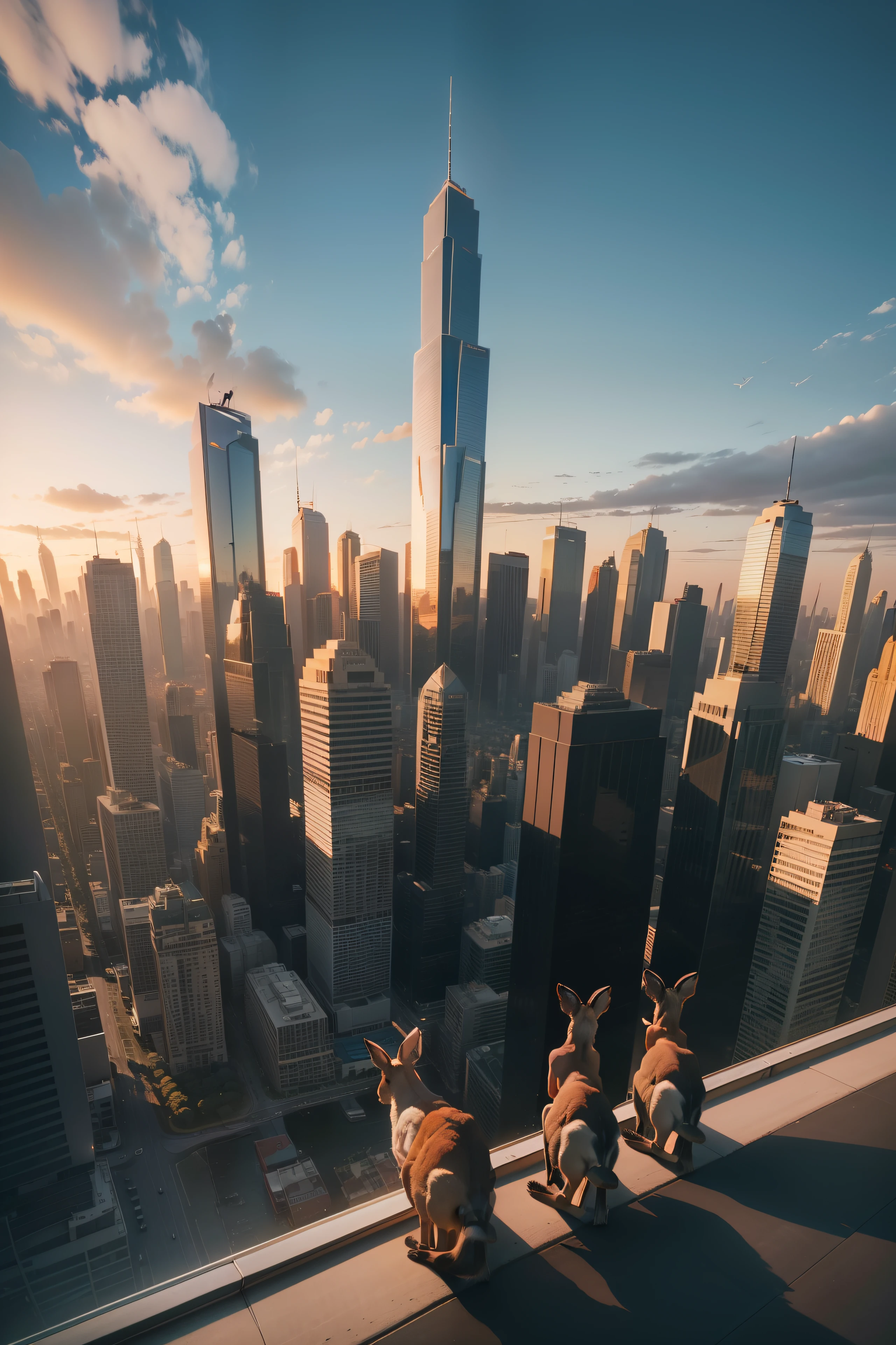 A large herd of kangaroos standing on top of a tall building in the middle of Melbourne city looking around curiously, (((wide shot))), sunset in background, skyscrapers, Melbourne city, (((Melbourne skyline))), buildings, city skyline, vibrant sky, (((subject: large herd of kangaroos standing on roof top of tall building))), cinematic, hyper realistic photo, 8k render, curious animals, overcast, (((herd of kangaroos))), rainbow in sky, candid photo, Aussie, city life, top view shot, numerous kangaroos