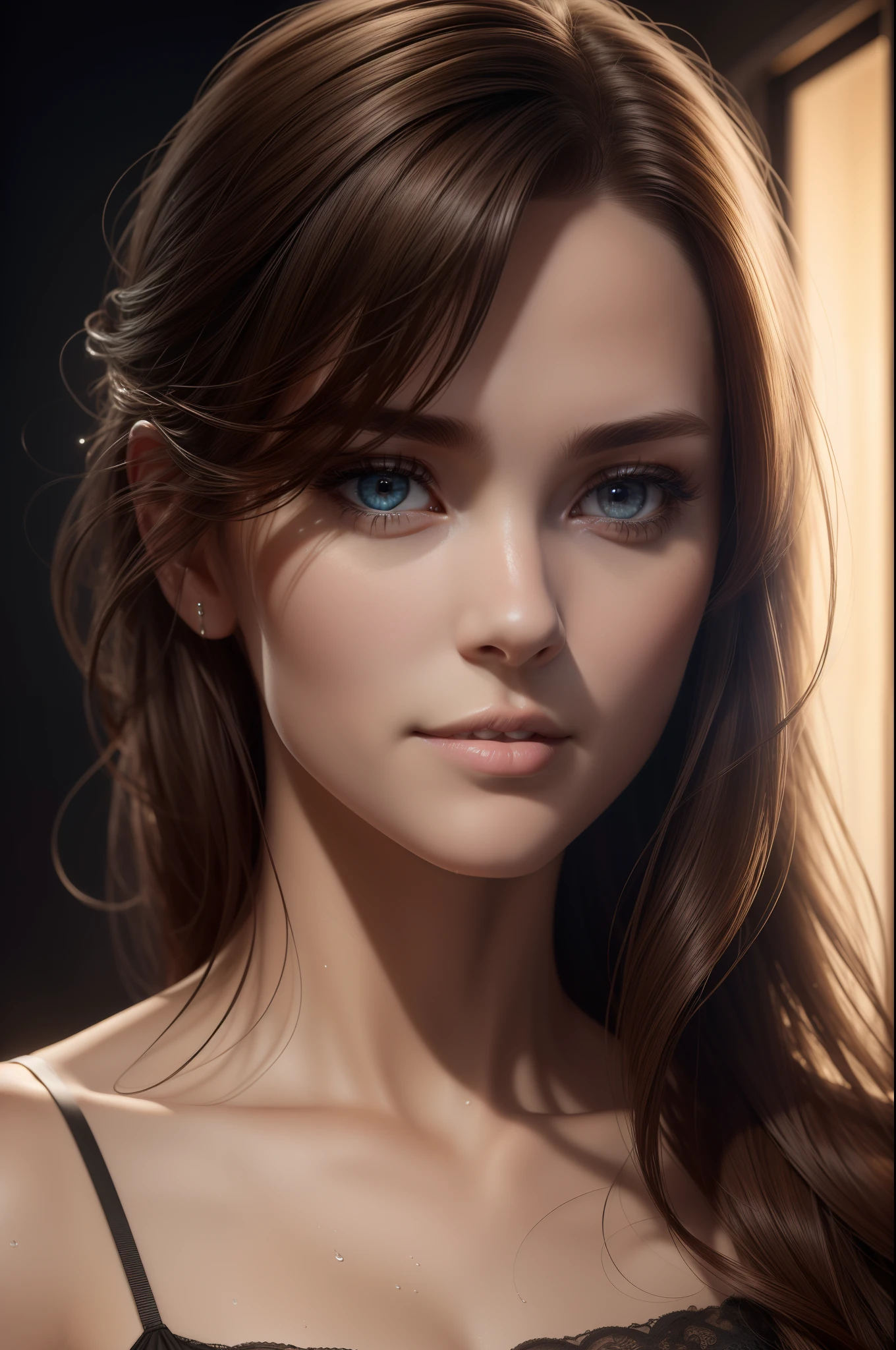 ((night time, Realistic light, Best Quality, 8K, Masterpiece: 1.3)), Slender Beauty: 1.4, Outstanding Press: 1.1, (brown hair, big breasts: 1.2), Wet silk dress: 1.2, Bathroom, Super Slim Face, Full Eye Detail, double eyelids). {{Masterpiece}}, {{{Best Quality}}},{{Ultra-detailed}}, {{illustartion}},{{disheveled hair}},{{Masterpiece}},{{{Best Quality}}},{{Ultra-detailed}}, {{{illustartion}}}, Beautiful scene, Clear facial features, hyper real, Octane Render, UE5, high detail, hyper quality, High Resolution, trend in artstation, hyper realisitc, surrealism, HD, 16k, telephoto lens, medium close-up shot, Split Lighting,