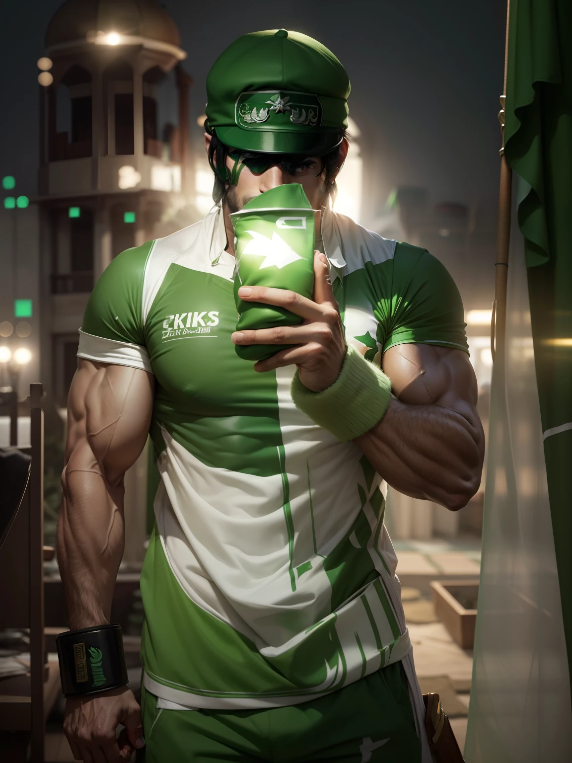 Change background into 14 August Pakistan independence Day with green and white colours and turn subject into handsome muscular guy