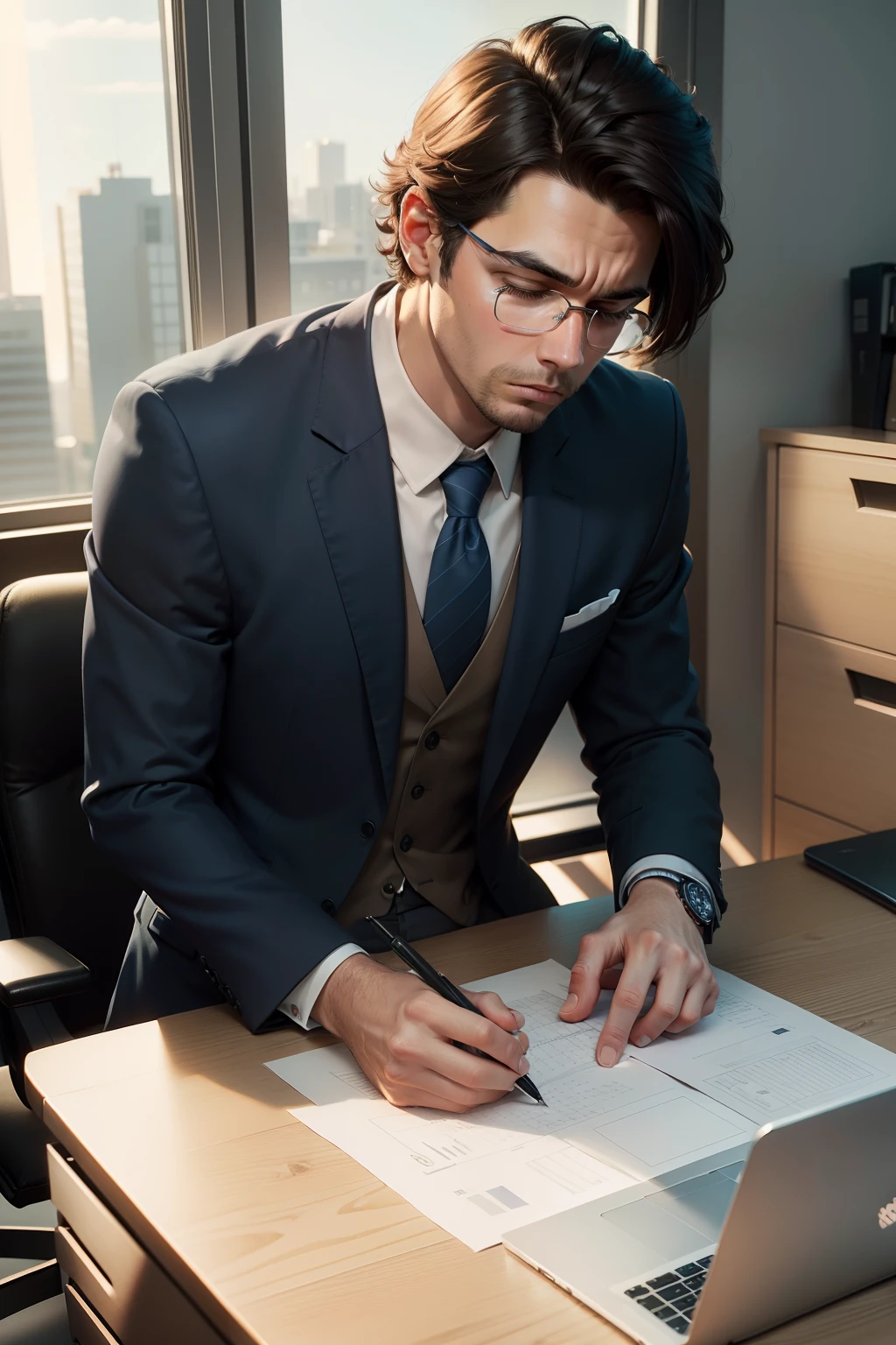 Make a suit counter 
He's tired, feeling undervalued in the profession
Disney Drawing Type
He's in front of a laptop typing inside an office
Pixar, 3D, Disney