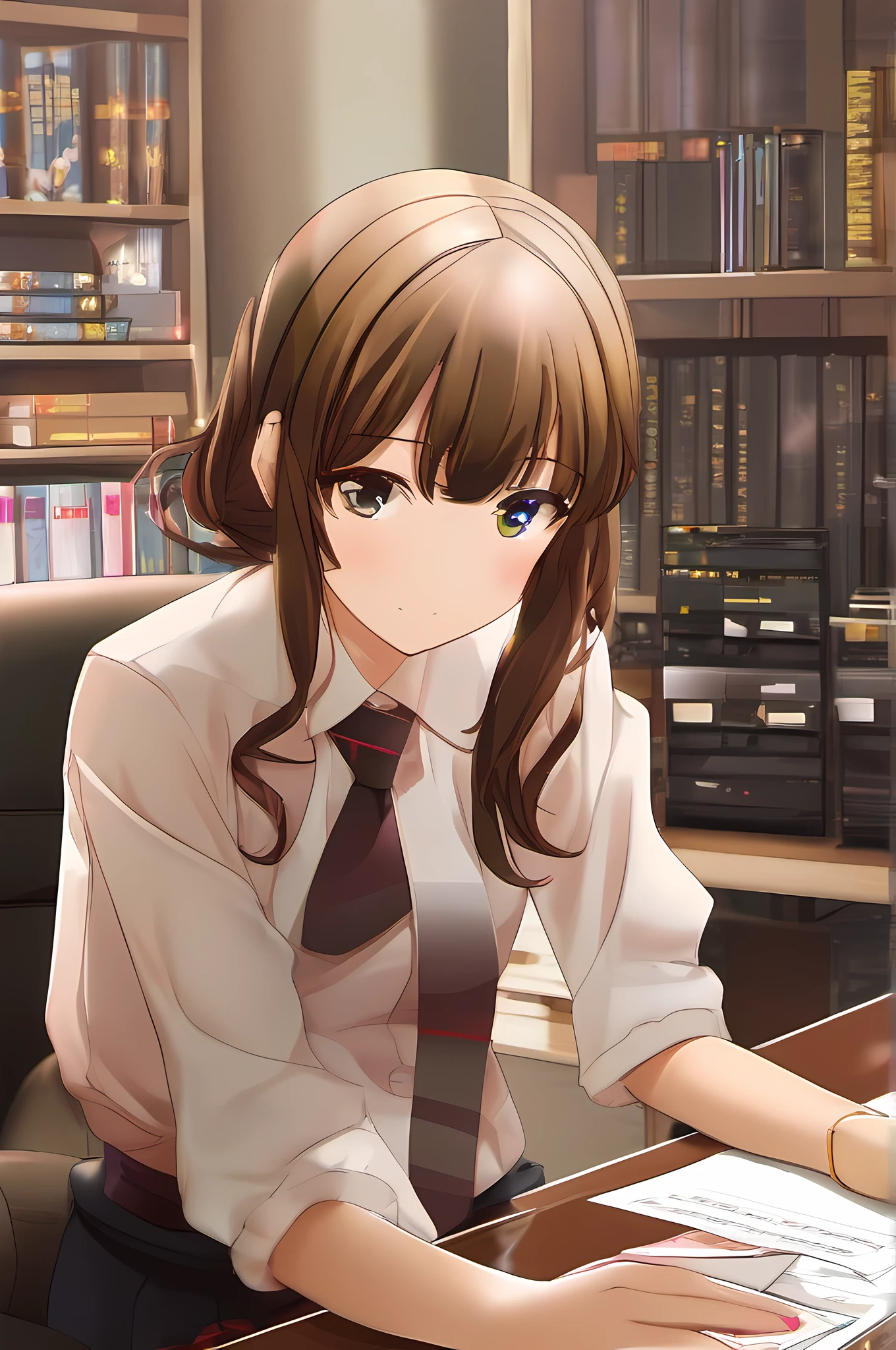 anime woman, boss, office, makima, mappa, formal clothing, tie, brown hair, film noise