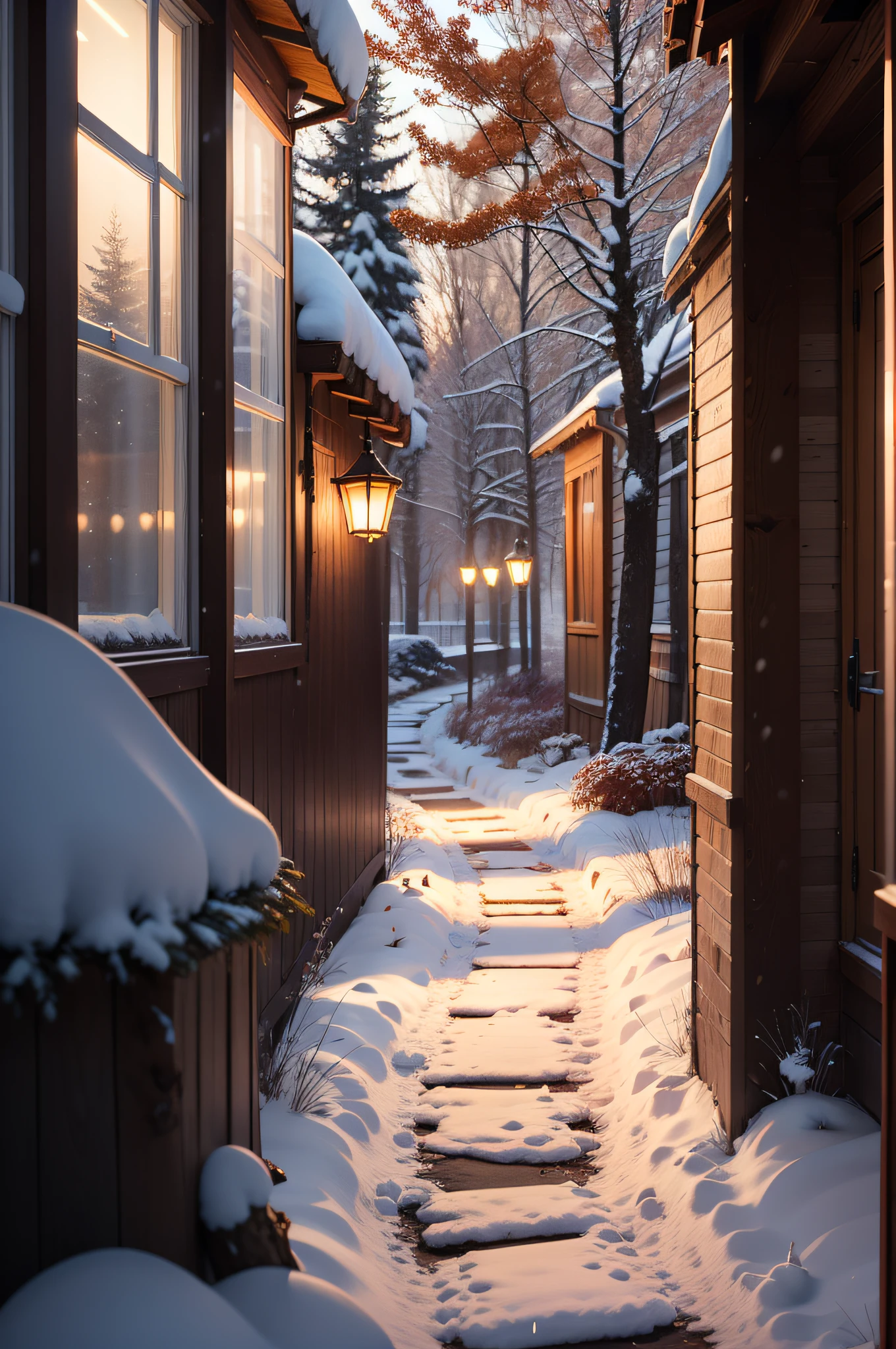 "Captivating winter path with a touch of snow, gracefully dividing autumn-kissed trees through a charming wooden log fence. Depht-of-field, bokeh, (frontlighting:1.2), (backlighting:0.75), (fill light:0.9), bloom, chromatic aberration, (lens flare:1.2),"