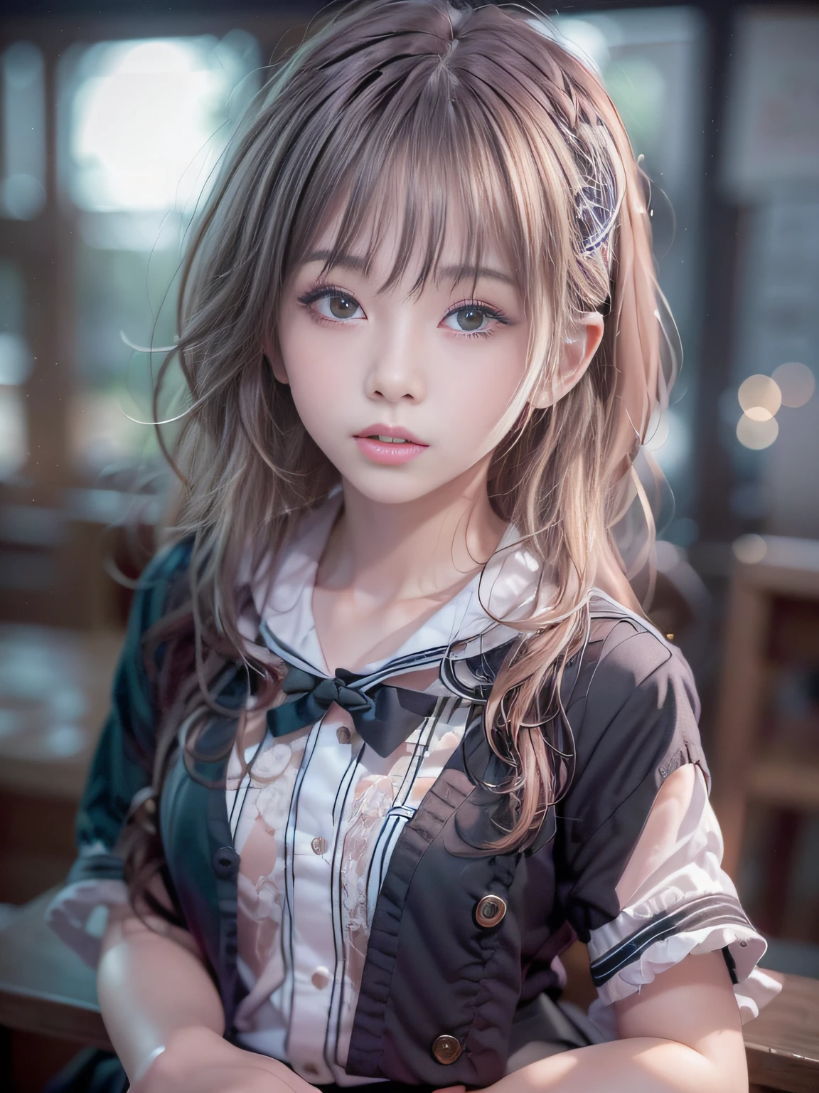 retinas, masutepiece, ccurate, Anatomically correct, Textured skin, Super Detail, high details, High quality, awardwinning, Best Quality, hight resolution, Close up of girl in 8k dress and shirt, loose coat collar sailor uniform, thin head,magical school student uniform, japanese girl school uniform, , Cute dress, katelynn mini cute style, dressed with long fluent clothes, School uniform, magic school uniform, black and white clothes, Stylish dress, school girl in gothic dress, Black Quick, Elegant clothes,((small tits,Thin leg,skinny thigh)),slim figure,extremely detailed eye and face、beatiful detailed eyes,Beautiful skins,finely detail、Very smooth hair，detailed hairs，Very fine hairs，Young shiny hair，(Knee-length skirt:1.7),((skirt rift:1.6)),1girl in,small tits,Thin leg,独奏,Wearing underwear,Smaller face,realistic facial expression,(Face to feel:1.6),Enchanted,Nasty look,(o-face:1.4),Functional,milky skin,Soft lips,Raw photo,Expression in love,Shyness,Longing for love,Sex appeal in girls,The smell of sex appeal,Color makeup，Lowered eyebrows、Whitening effect，Soft lighting，Backgrounds suitable for students，