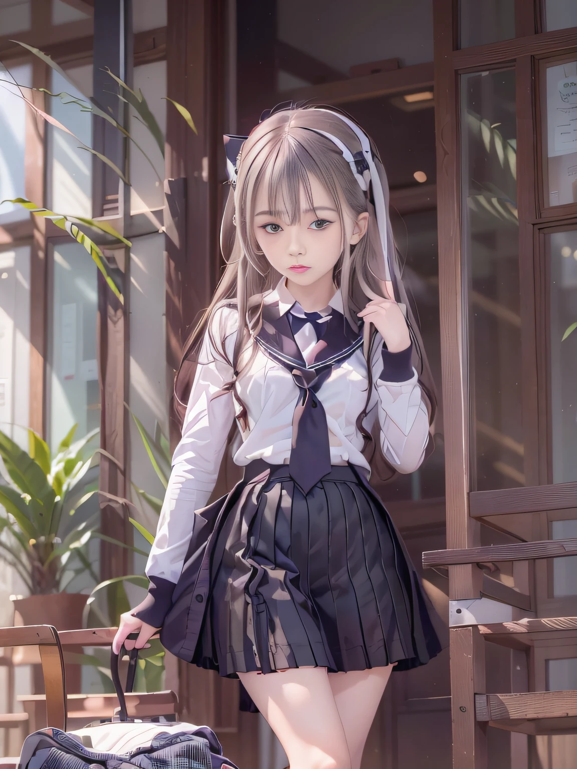 retinas, masutepiece, ccurate, Anatomically correct, Textured skin, Super Detail, high details, High quality, awardwinning, Best Quality, hight resolution, Close up of girl in 8k dress and shirt, loose coat collar sailor uniform, thin head,magical school student uniform, japanese girl school uniform, , Cute dress, katelynn mini cute style, dressed with long fluent clothes, School uniform, magic school uniform, black and white clothes, Stylish dress, school girl in gothic dress, Black Quick, Elegant clothes,((small tits,Thin leg,skinny thigh)),slim figure,extremely detailed eye and face、beatiful detailed eyes,Beautiful skins,finely detail、Very smooth hair，detailed hairs，Very fine hairs，Young shiny hair，(Knee-length skirt:1.7),((skirt rift:1.6)),1girl in,small tits,Thin leg,独奏,Wearing underwear,Smaller face,realistic facial expression,(Face to feel:1.6),Enchanted,Nasty look,(o-face:1.4),Functional,milky skin,Soft lips,Raw photo,Expression in love,Shyness,Longing for love,Sex appeal in girls,The smell of sex appeal,Color makeup，Lowered eyebrows、Whitening effect，Soft lighting，Backgrounds suitable for students，