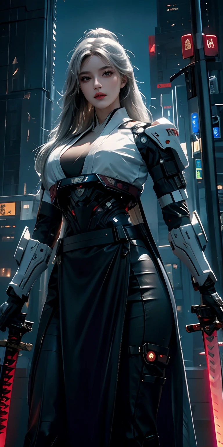 photorealistic, high resolution, soft light,1women, solo, hips up, (detailed face), white long hair, cybersamurai, cyborg, cyberpunk, cyber armor, katana on back, holding weapon,holding sword,glowing,katana, city at night