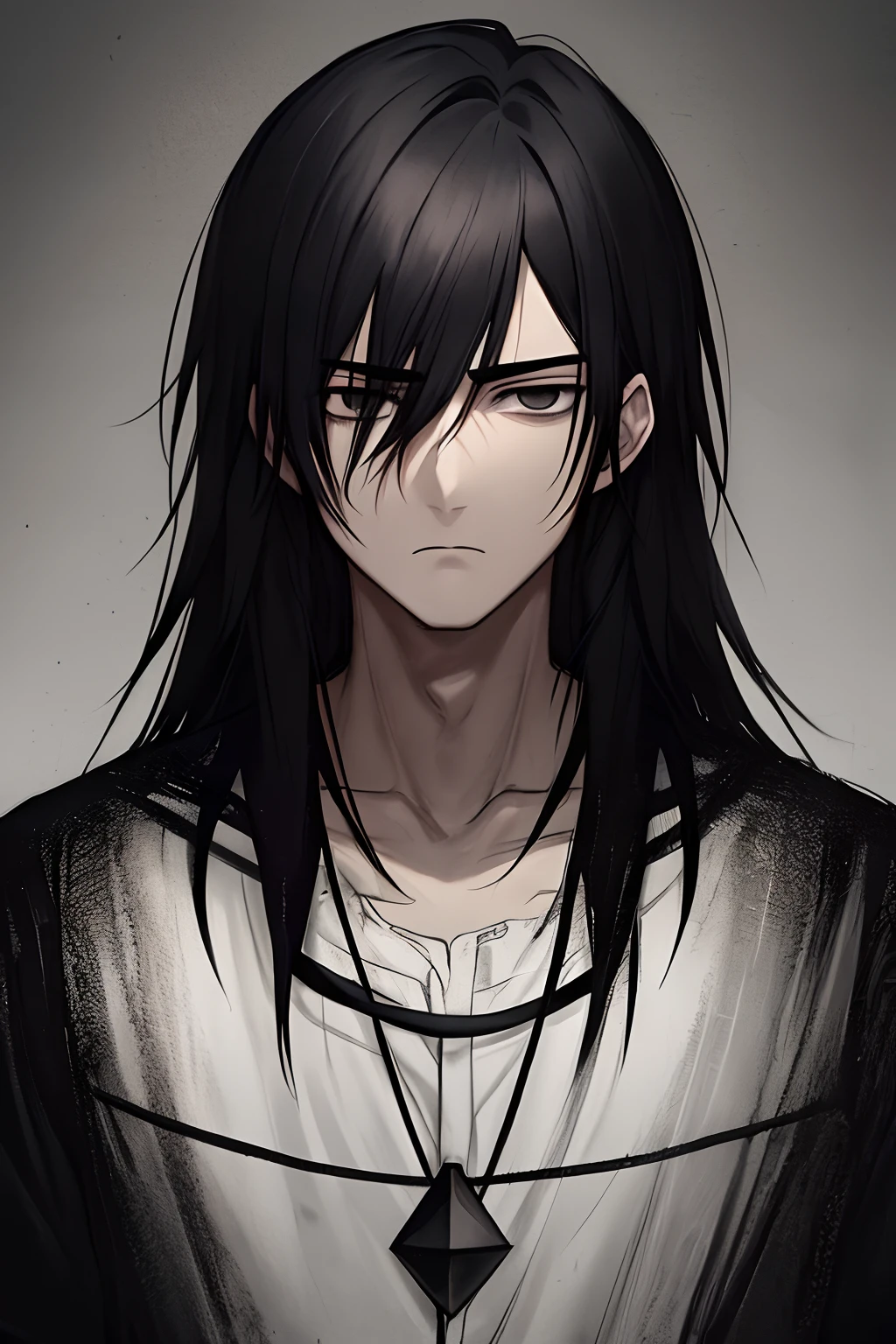 Black-haired boy，Black eyes full of hollows，face expressionless，Lonely and deep，Dark personality