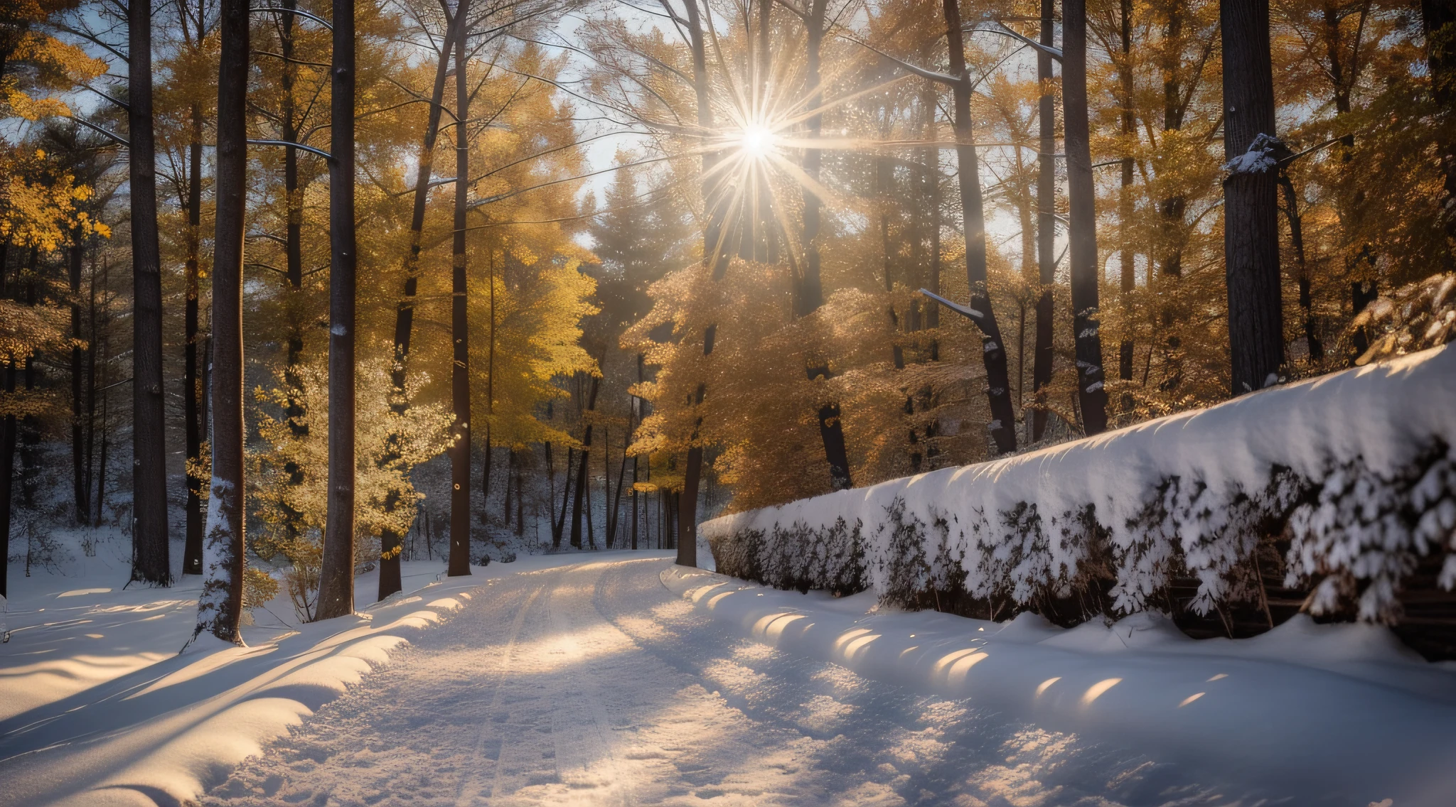 "An awe-inspiring winter pathway, some snow, some autumn leafs, elegantly divides the autumn-kissed trees with a picturesque wooden log fence. Depht-of-field, bokeh, (frontlighting:1.2), (backlighting:0.75), (fill light:0.9), bloom, chromatic aberration, (lens flare:1.2),"