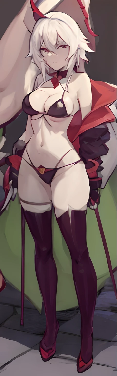there are two pictures of a woman in a bikini and a man, ryuko matoi, detailed fanart, attractive matoi ryuko, oppai, gapmoe yandere grimdark, anime moe artstyle, anime monster girl, holding a pudica pose, top rated on pixiv, jack the ripper (fate/apocrypha), cleft of venus, black thighhighs, spoken heart from stomach, 2b hairstyle, white hair, face scar, in a dungeon, badass pose, anime moe artstyle, female rouge assassin, badass anime 8 k, stoic, gapmoe yandere grimdark, seductive anime girl, small curvy , 1girl, solo, indoors,by Hi_mekuriguri, twitter artist hi_mekuriguri, wide hips, flated chested, low leg panties, midriff, sexy stomach, cameltoe, leg lift, low leg panties, covered , perky breasts, standing split, standing on one leg, cleft of venus, black thighhighs, jack the ripper, character art of jack the ripper, fate/apocrypha series, hypnosis, hypnosis pendulum,