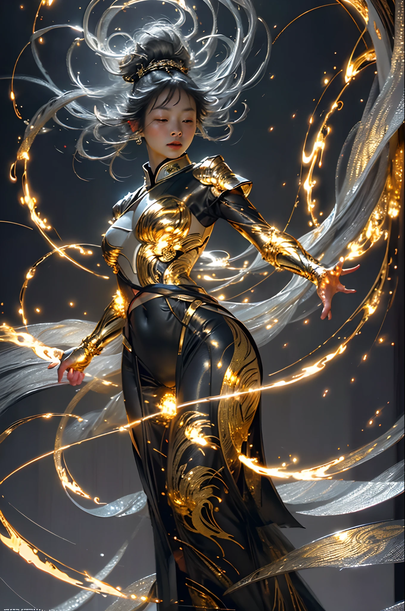 Best quality,masterpiece,ultra high res,solo,1girl, ,roujinzhi,Chinese Zen style,impactful picture,translucent and glowing metallic patterns,(glowing metal objects hovering in the air and surrounding him:1.2),(Electric arcs and sparks:1.2),(flow of energy:1.2),(translucent magnetic lines:1.2),(golden silver grey and shimmering light effects:1.2),